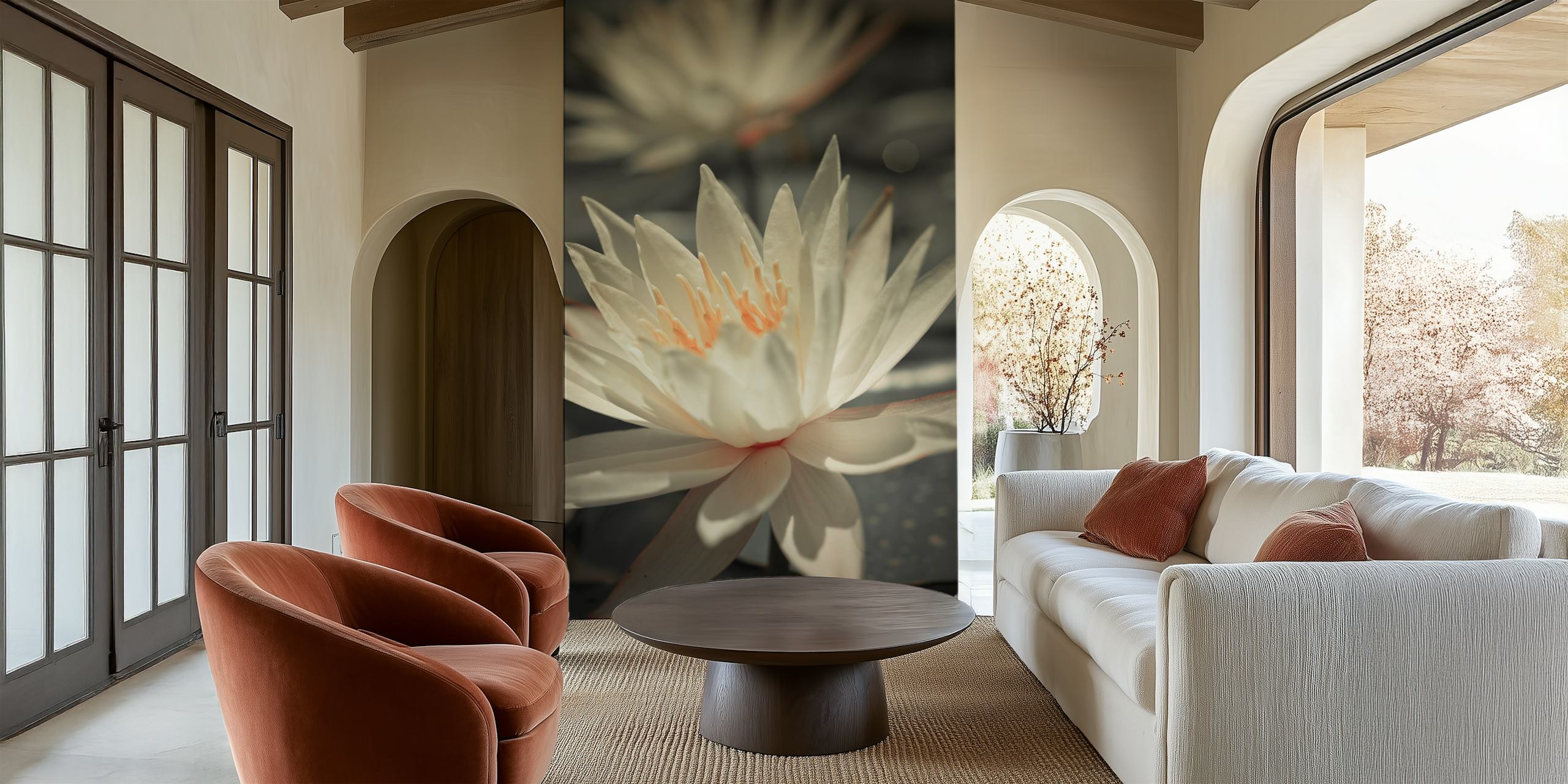 White water lilies on dark background wallpaper