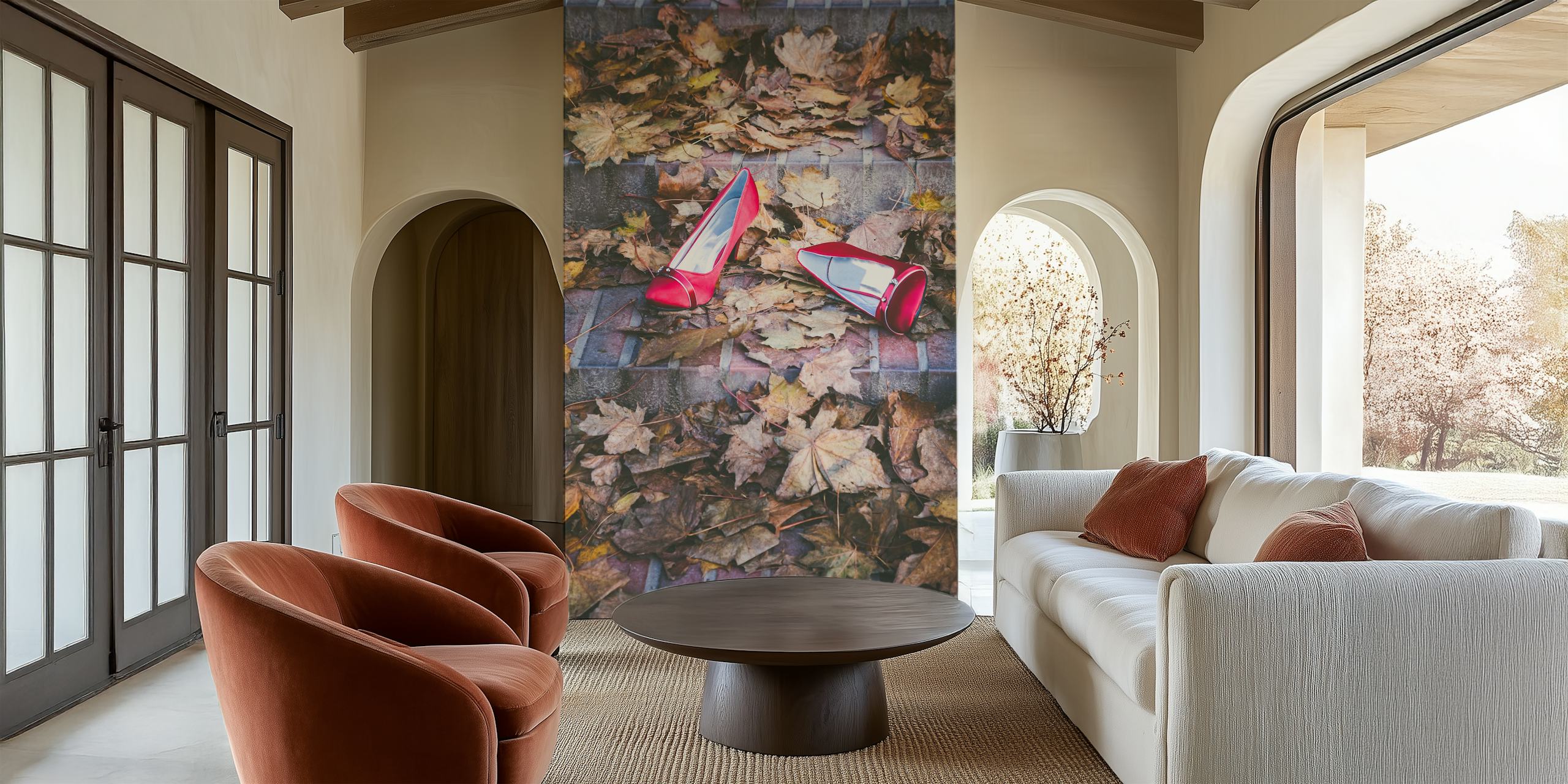 Red shoes wallpaper displayed in a room