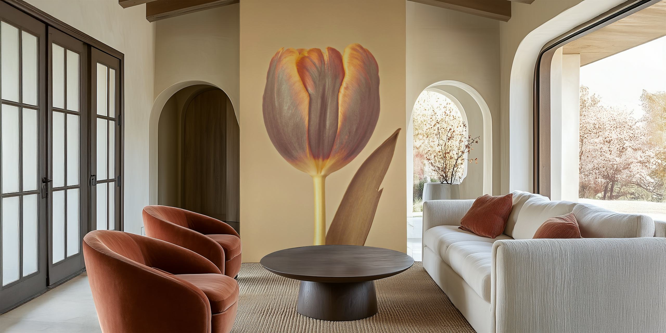 Single tulip on a beige background wallpaper