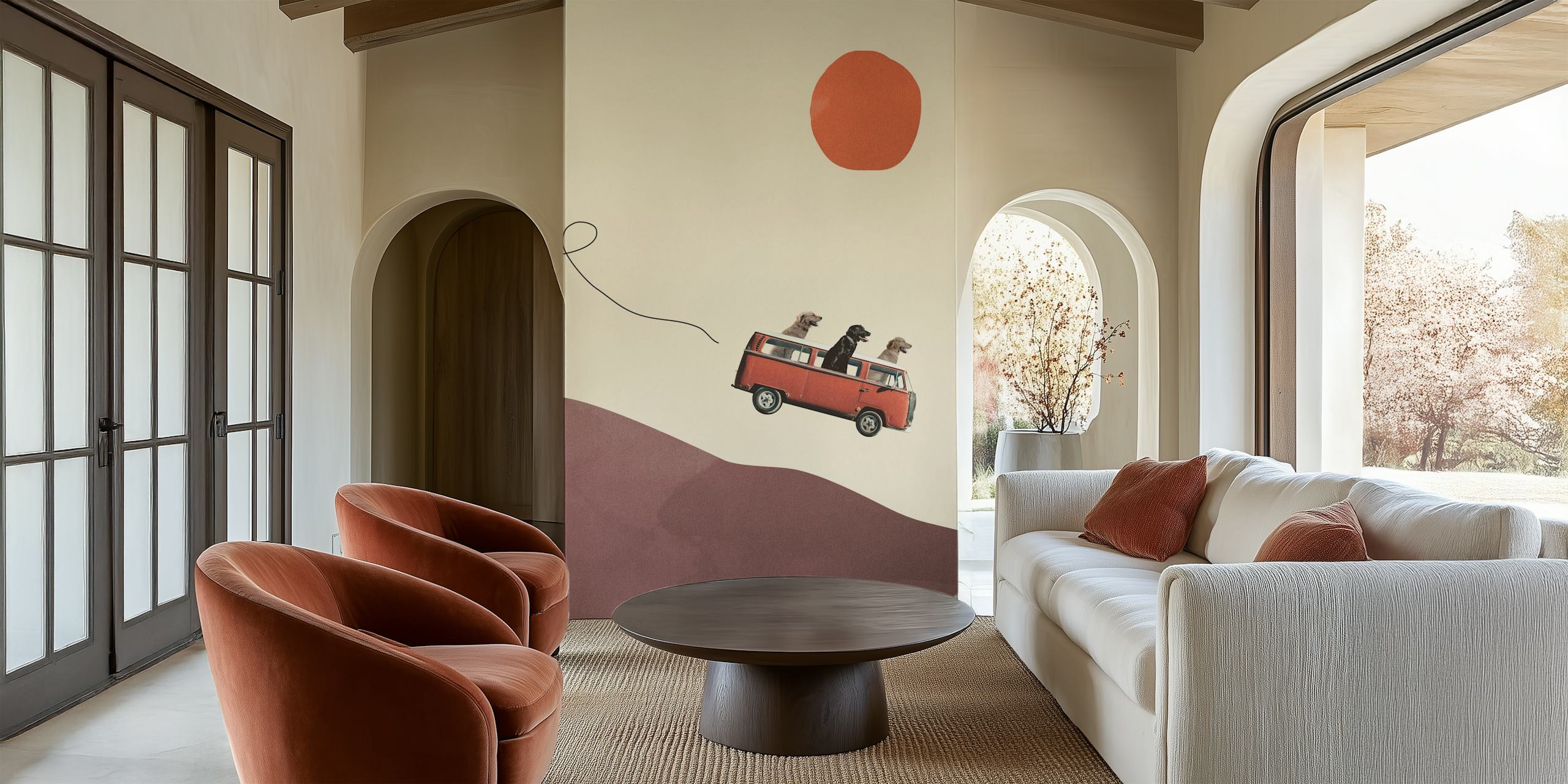Three dogs in a red van against a pastel background wall mural