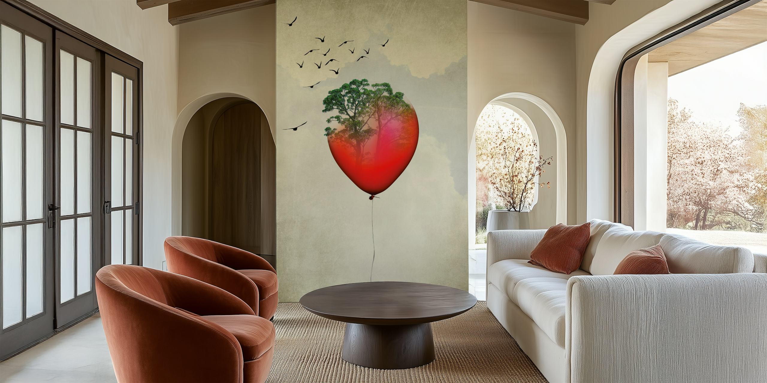 Red balloon with tree design and birds mural wallpaper
