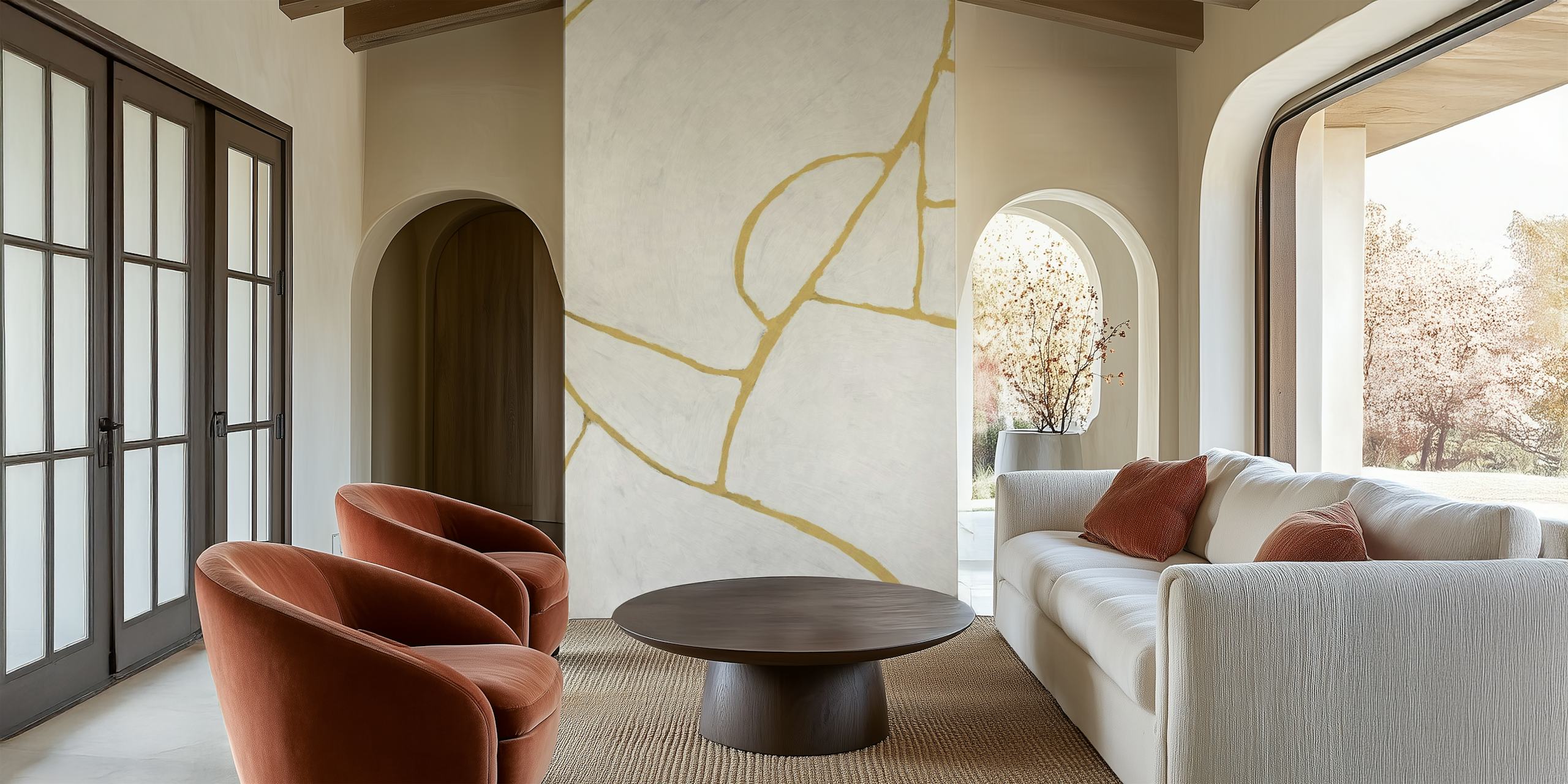 Minimalist geometric wall mural with gold lines on a white background