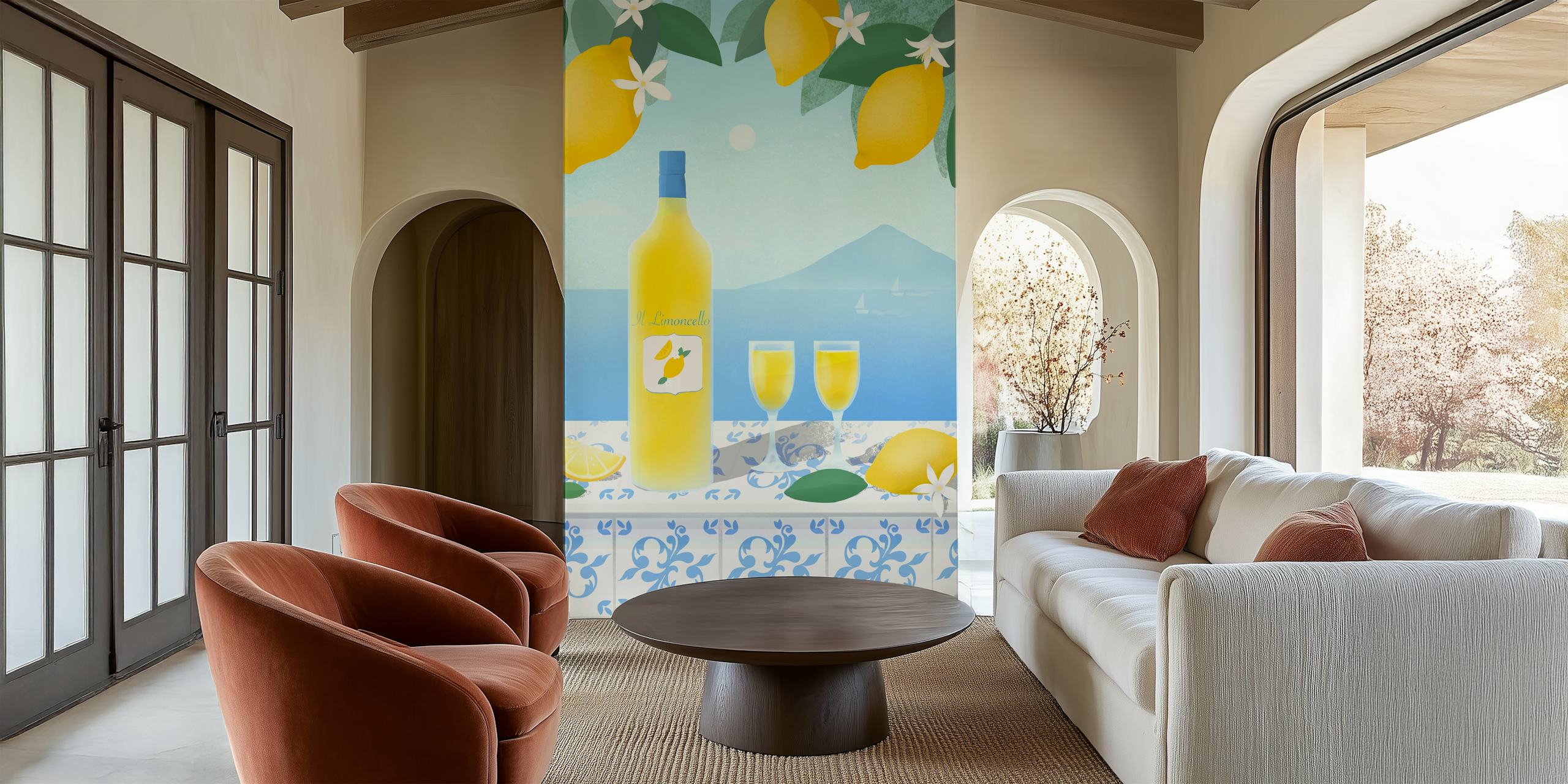 Lemon and flower pattern in blue background wallpaper