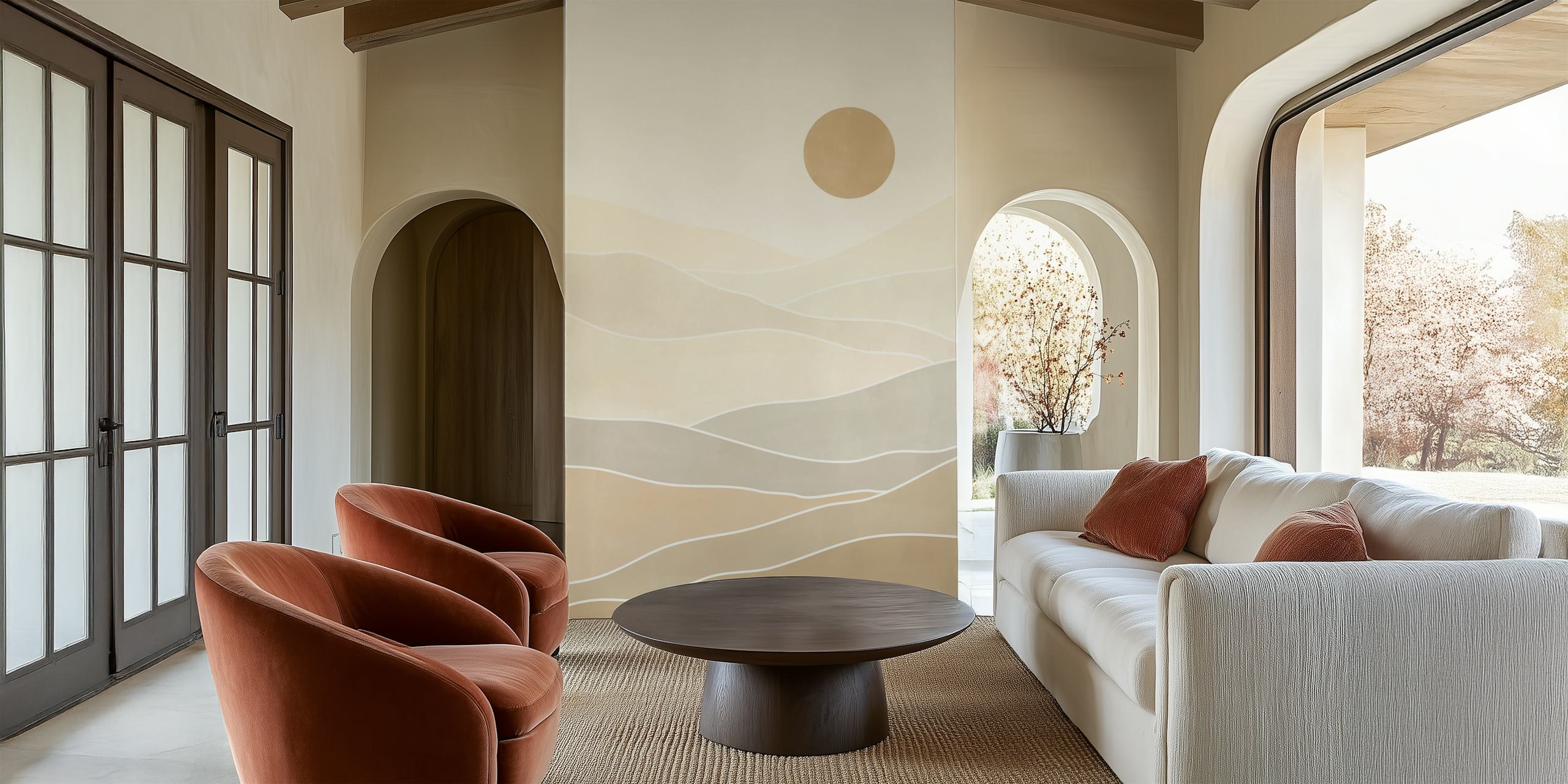 Abstract beige landscape wallpaper in a room