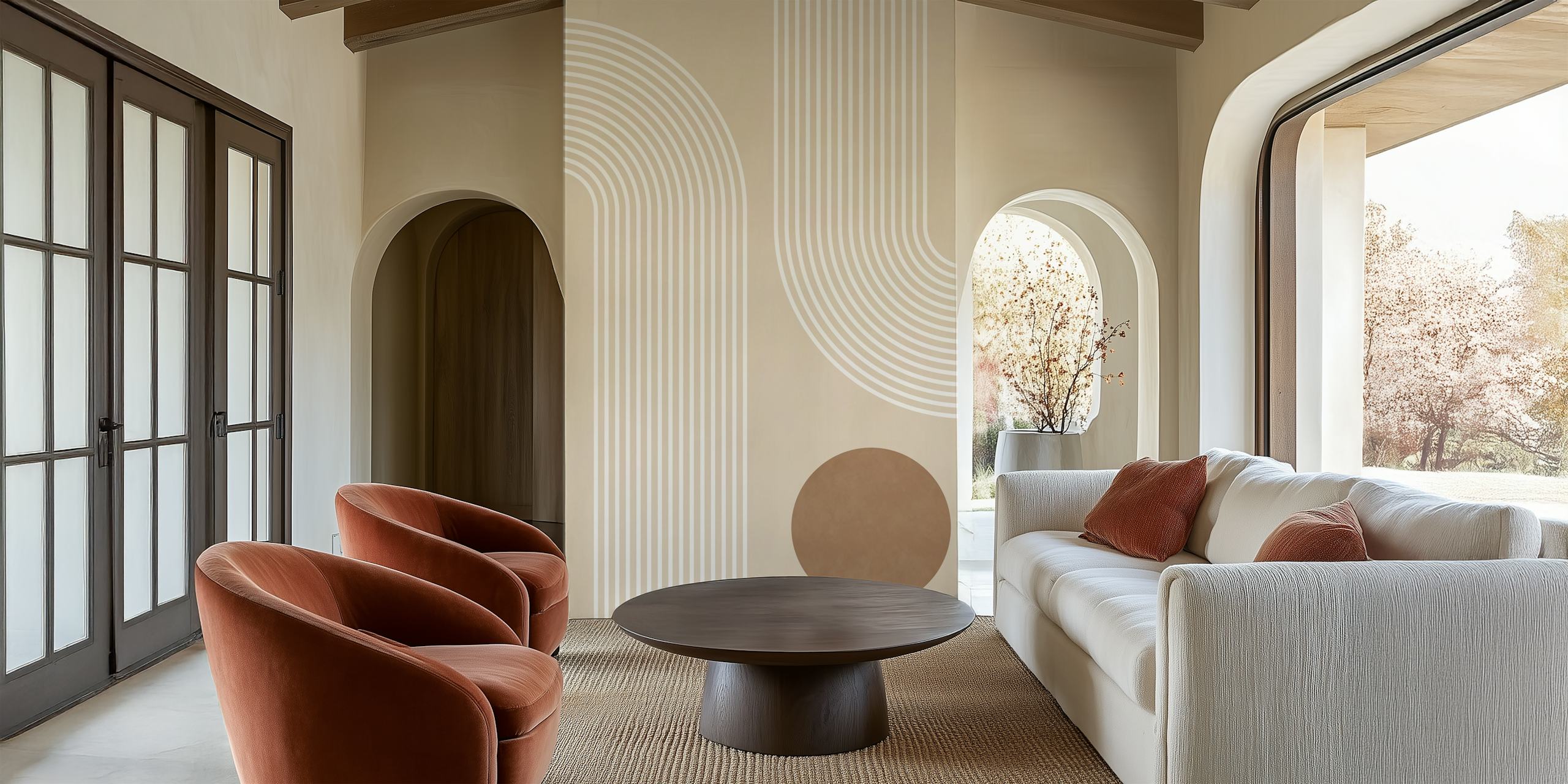 Beige Arc Poster No1 wall mural with abstract curved lines and circle