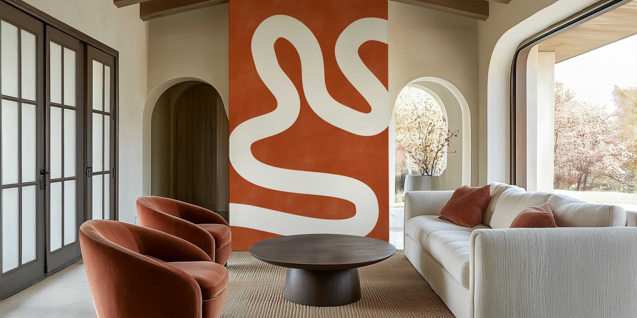 Abstract white curves on a terracotta background wallpaper