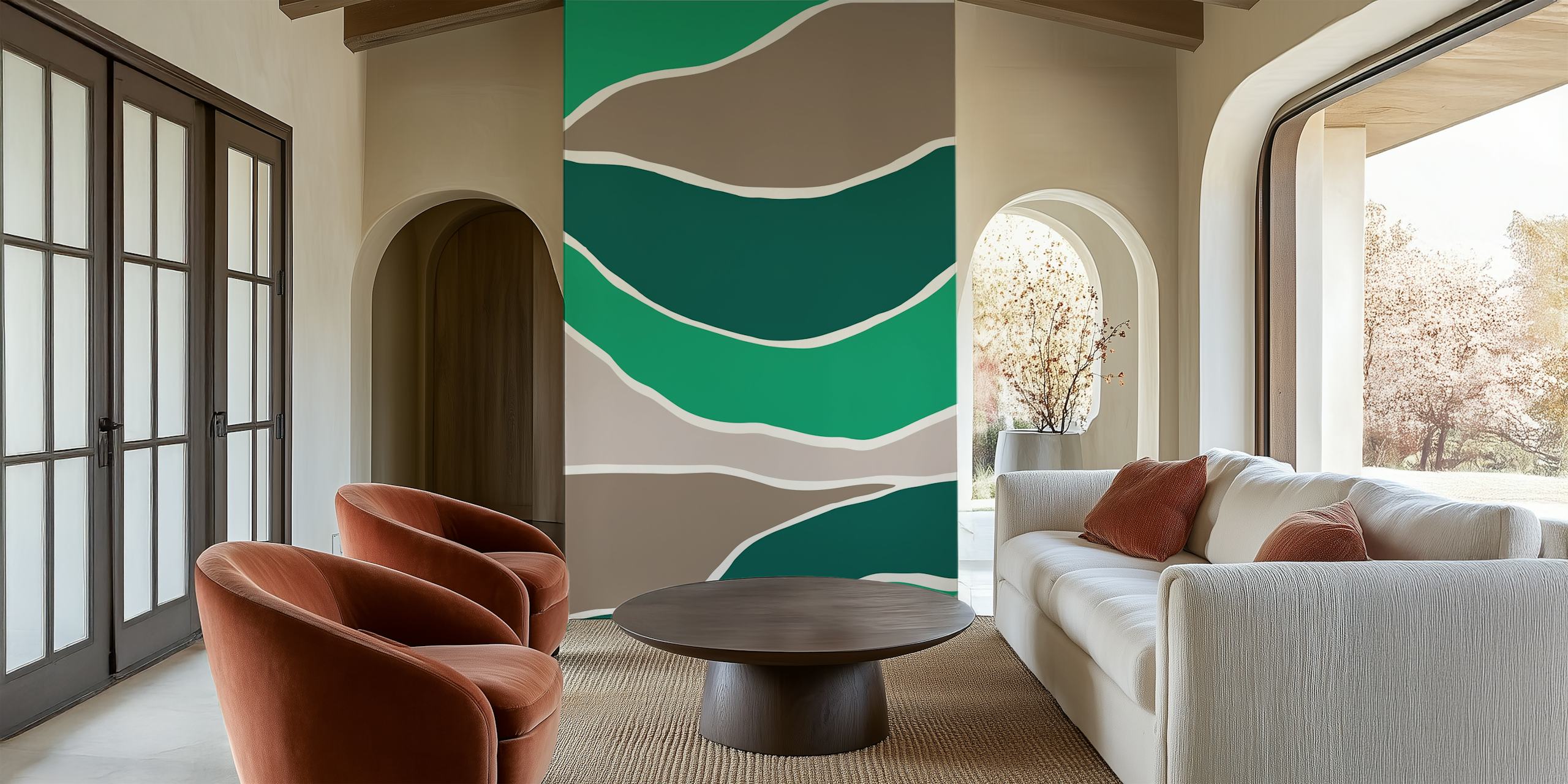 Abstract wave pattern in moss green and mocha tones wallpaper