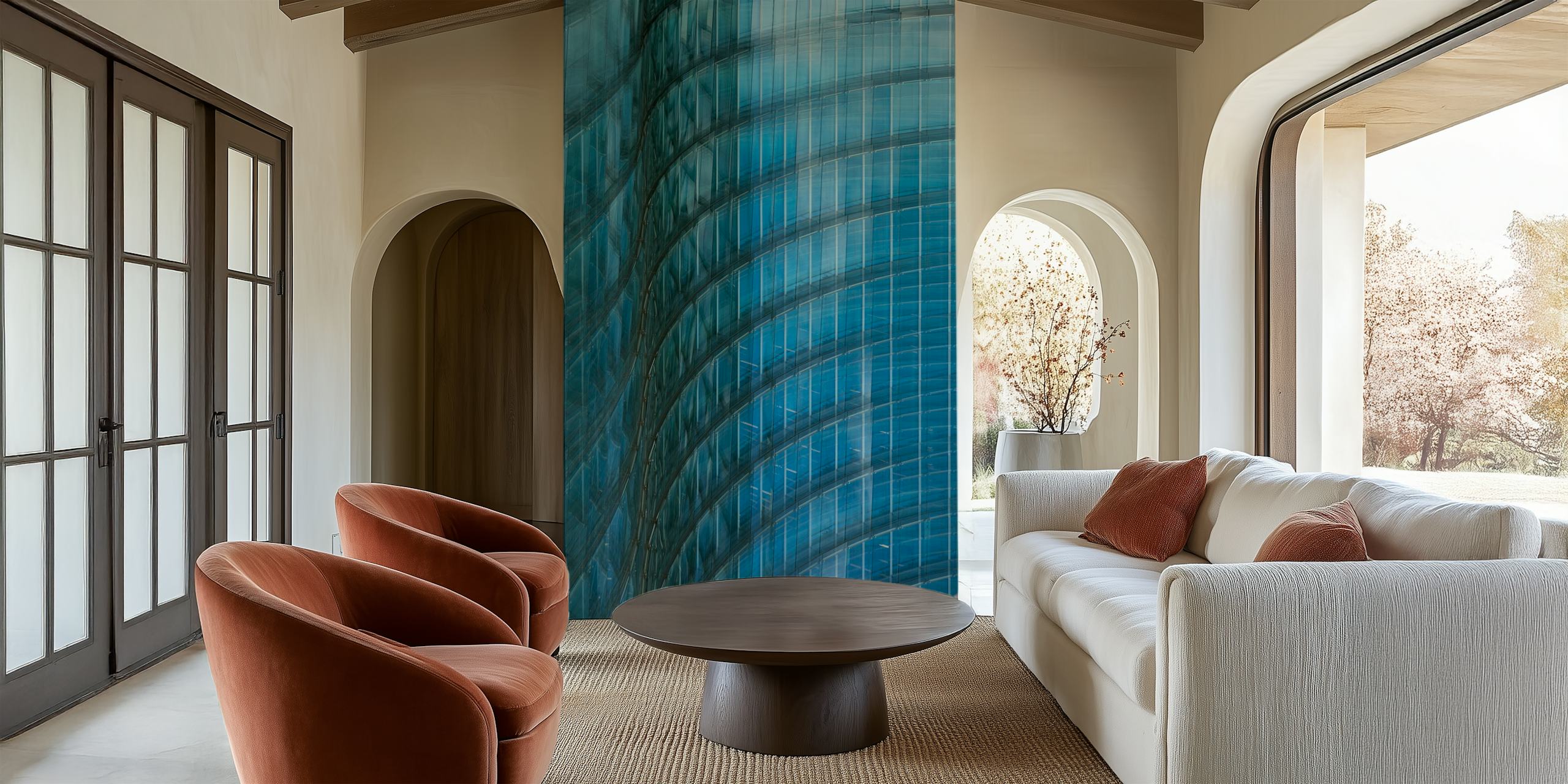 Dynamic blue wave patterns on textured wallpaper