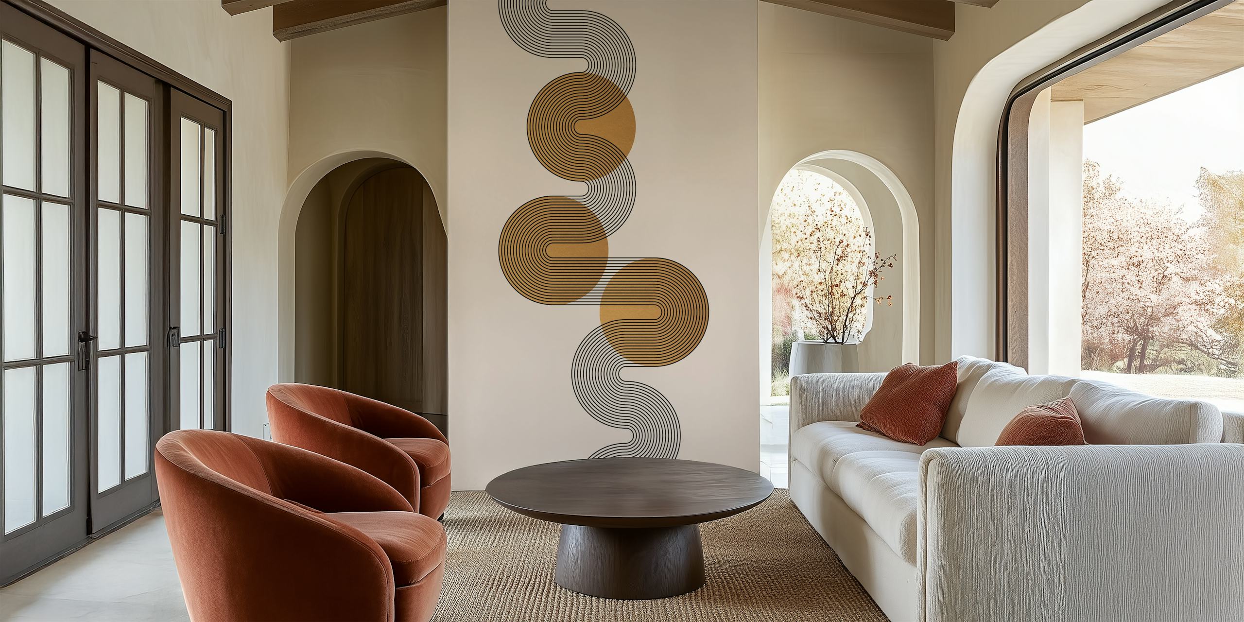Mural de estilo Art Déco con ondas lineales intercaladas con círculos dorados