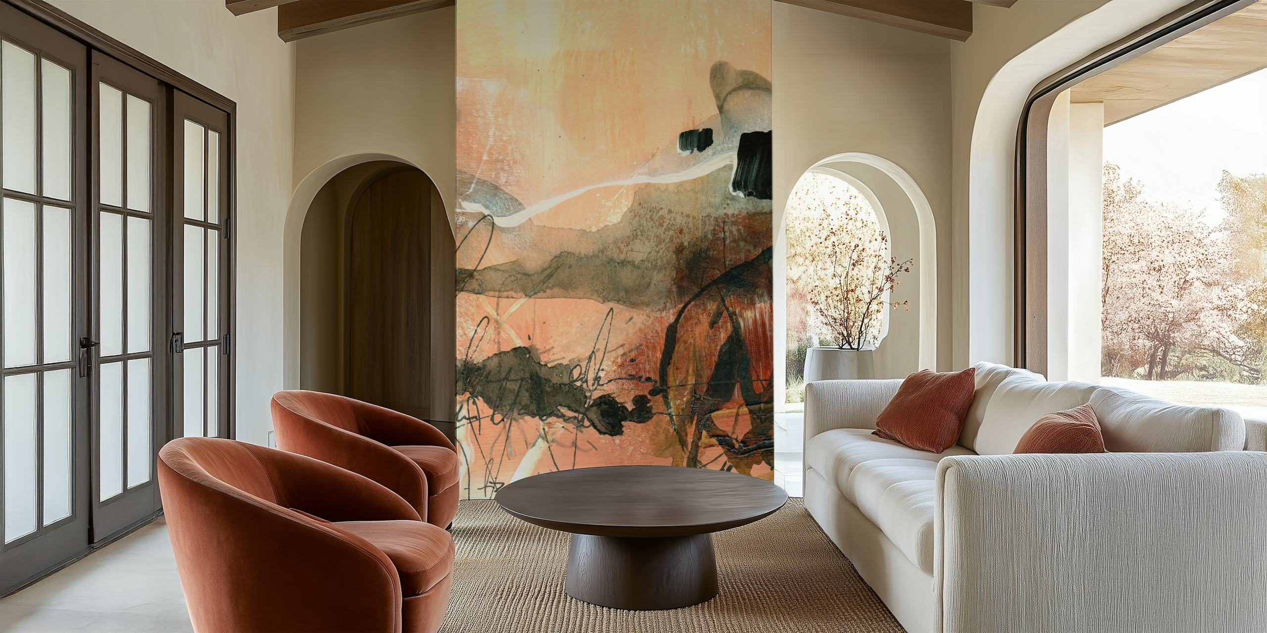 Abstract patterns in earth tones, black, and white wallpaper