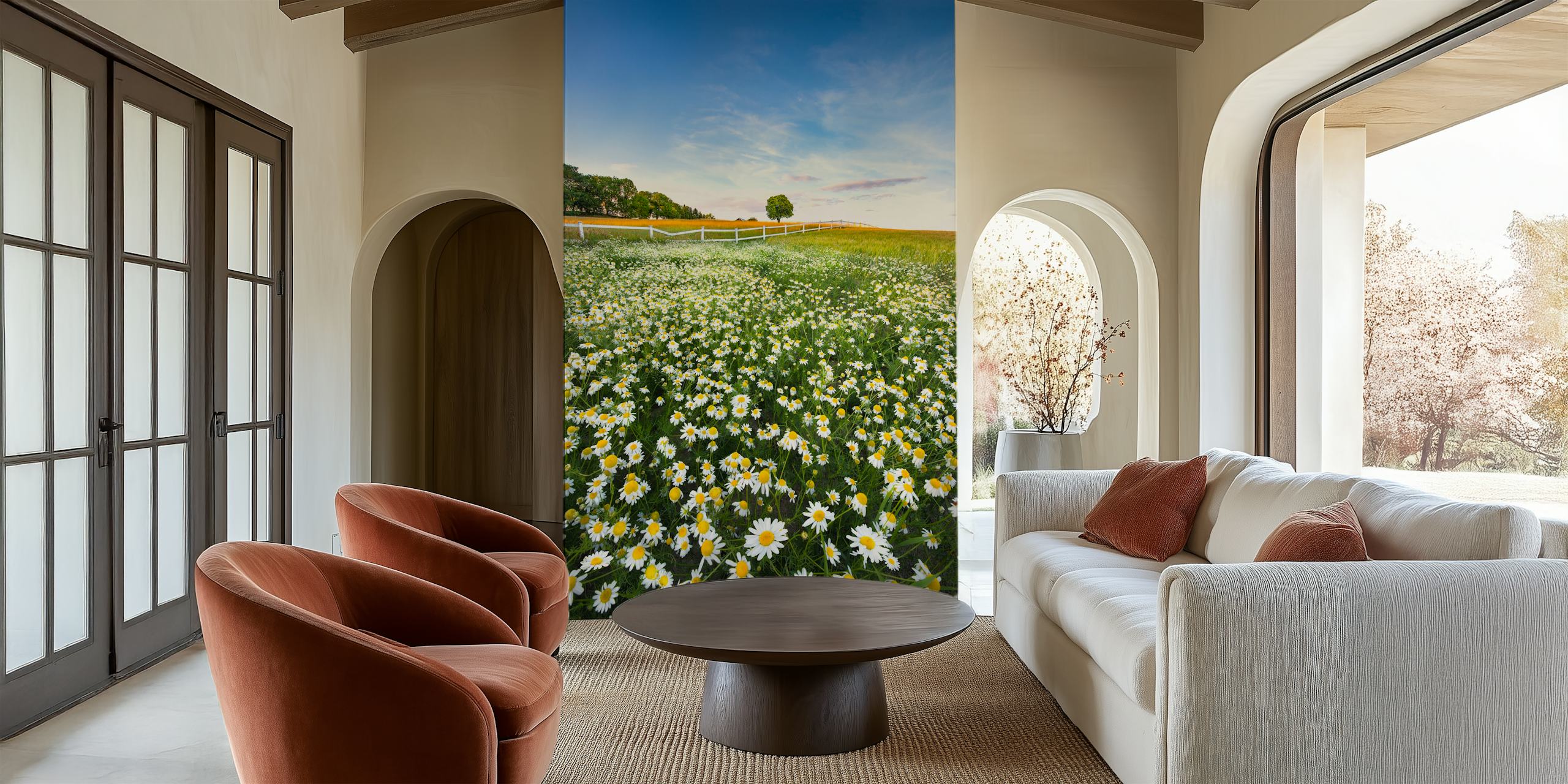 A field of daisies with white and yellow flowers under a blue sky wallpaper