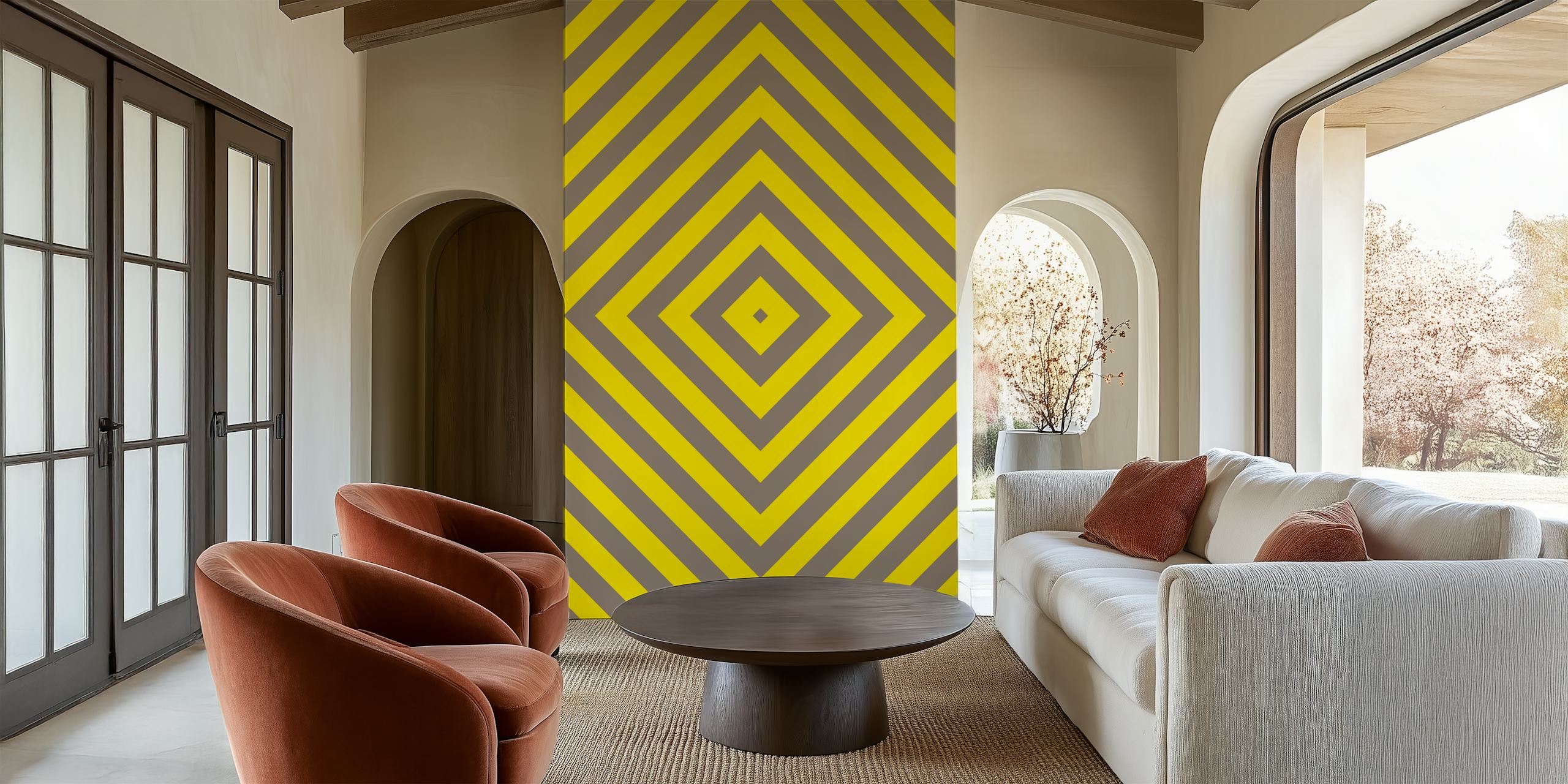 Geometric diamond pattern in brown and yellow wallpaper
