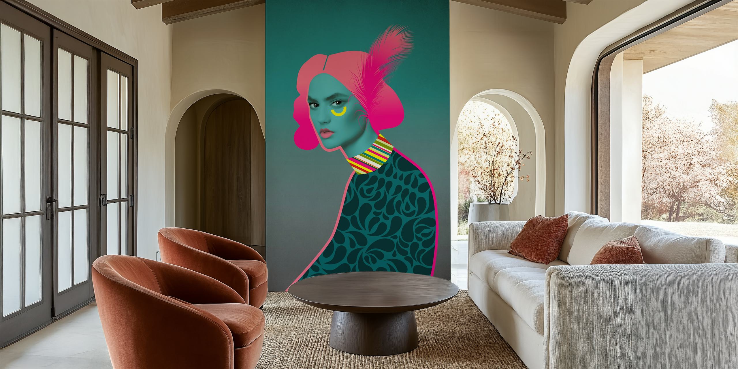 Carta da parati Neon Charly con ritratto stilizzato nei colori rosa e blu neon