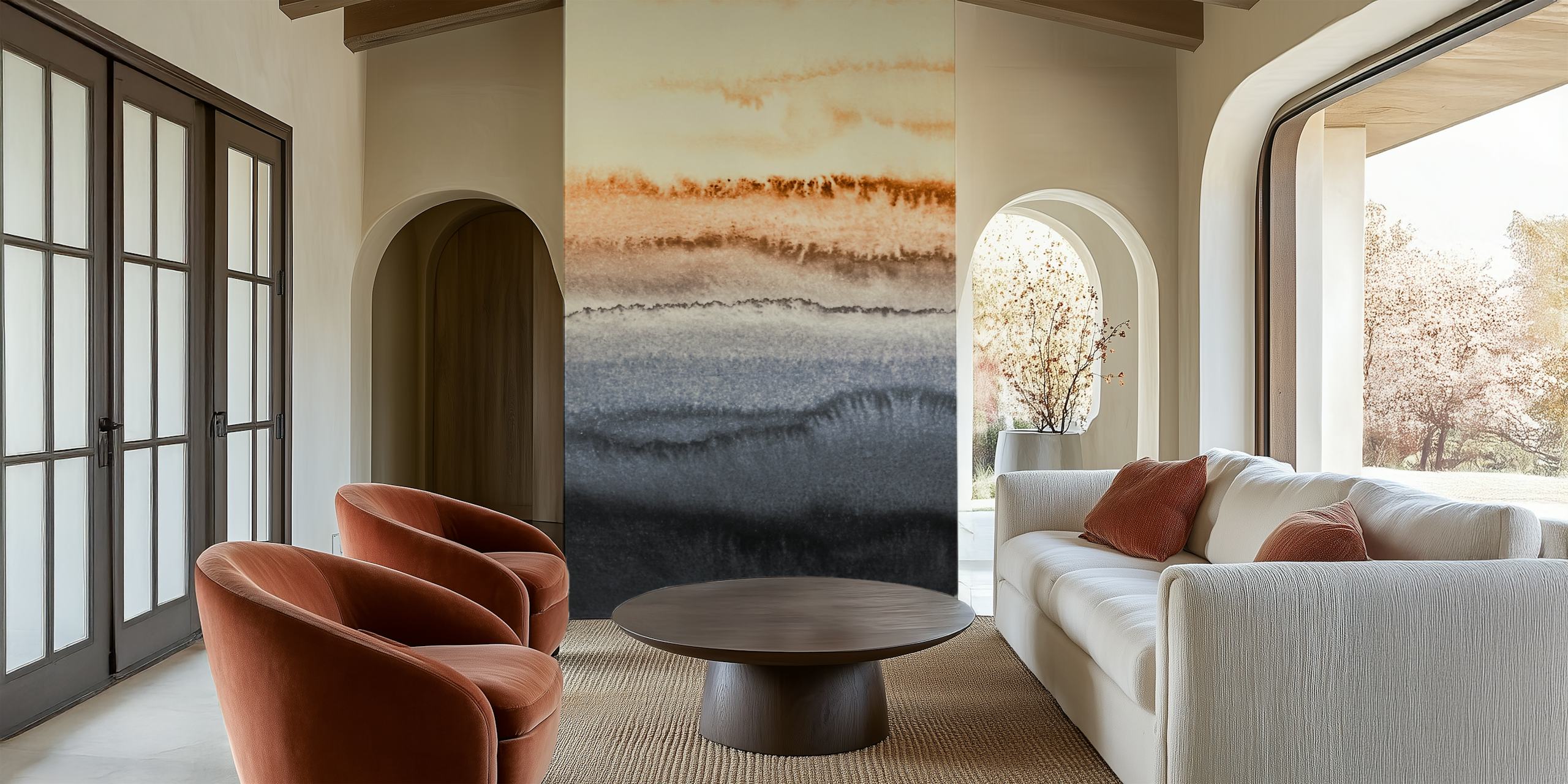 Abstract watercolor wallpaper in sandy beige, rich gray, and deep blue tones