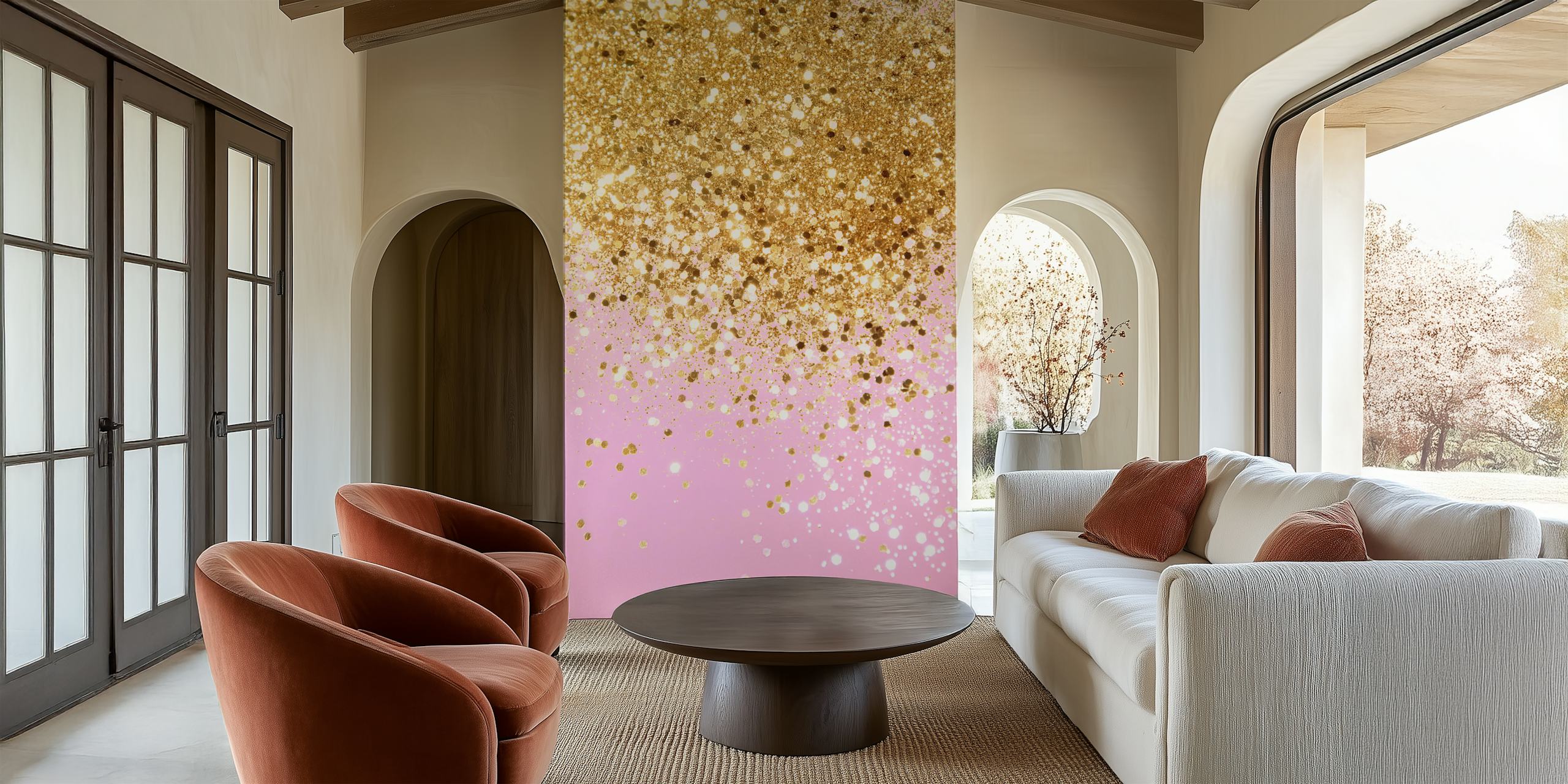 Glittering gold and pink particles creating a sparkling wallpaper design