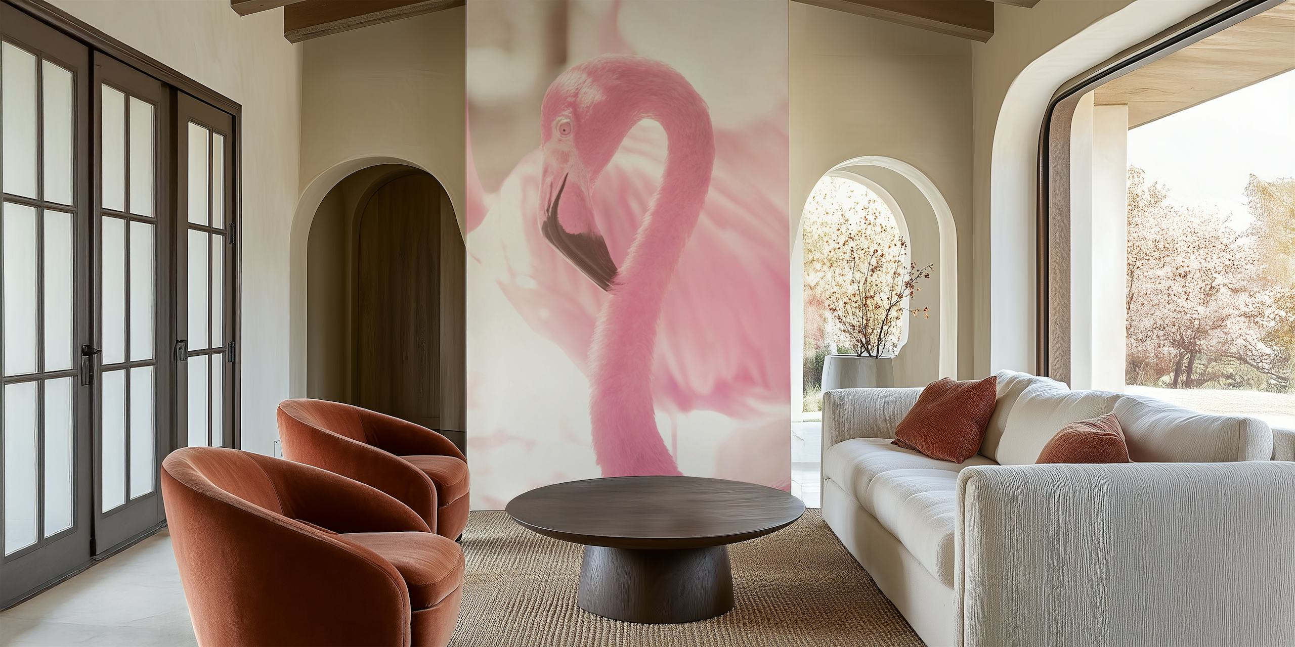 Pink flamingo with soft pink tones, floral style wallpaper