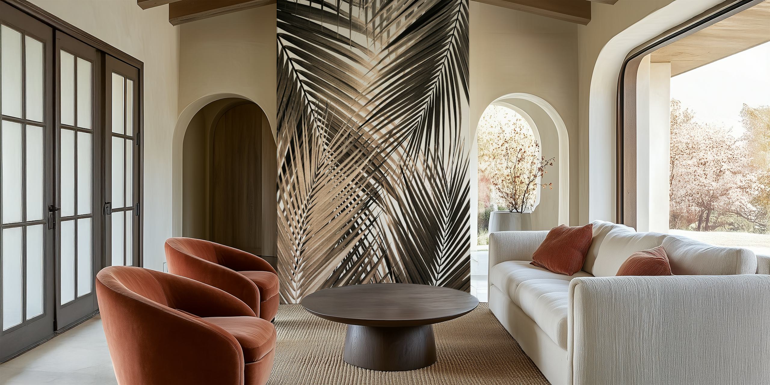 Tropical palm leaves in golden brown tones wallpaper