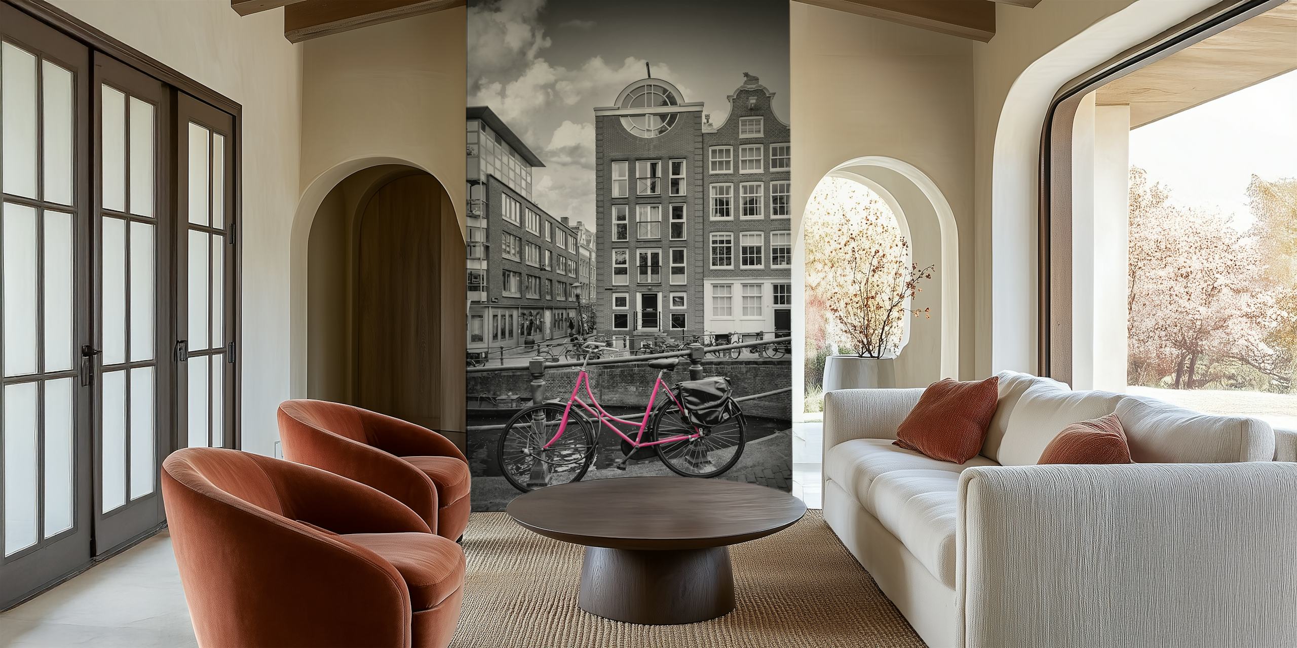 Black and white Amsterdam canal with a pink bicycle wallpaper