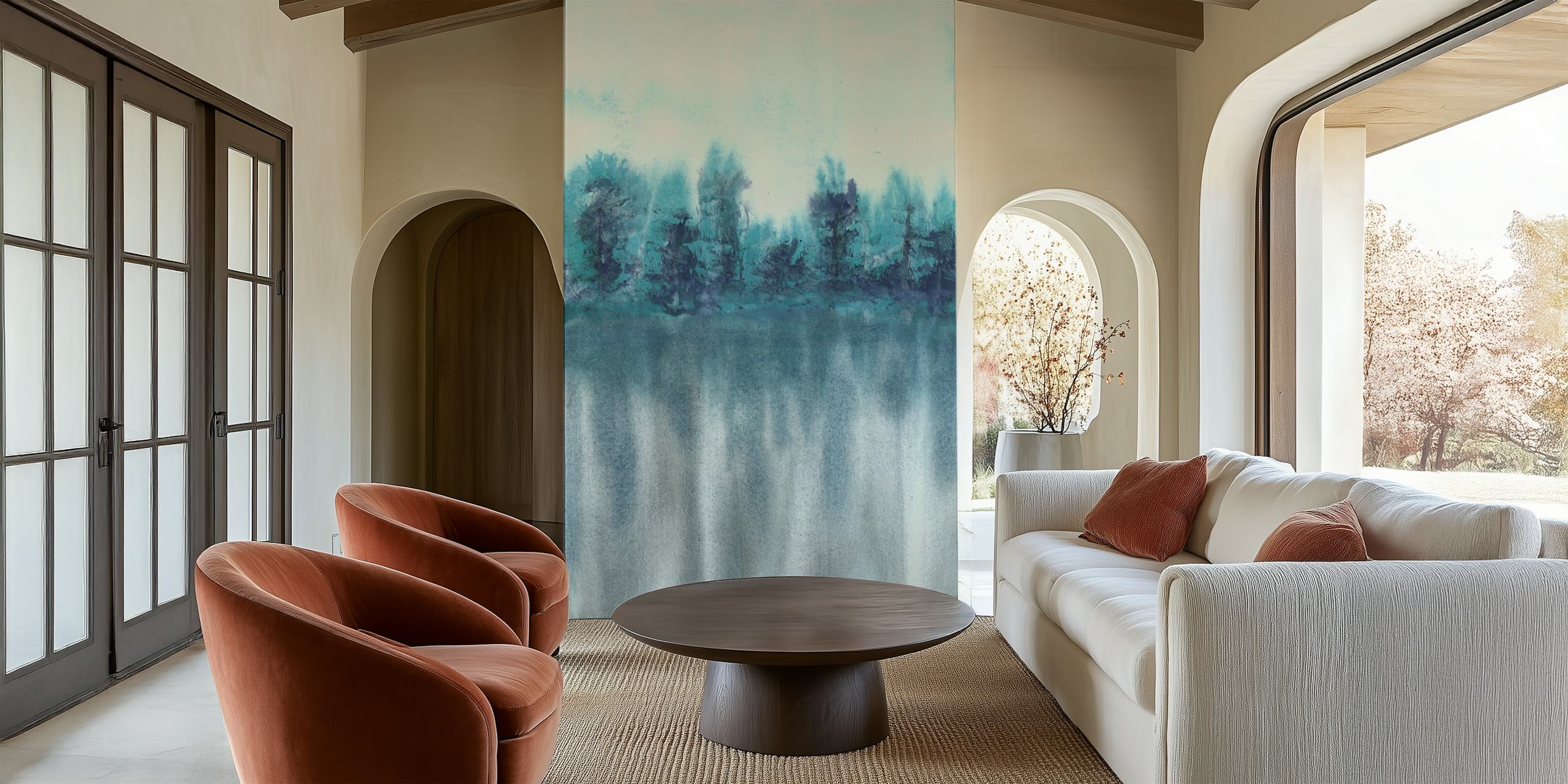 Watercolor dark blue forest wallpaper with soft greens and grays