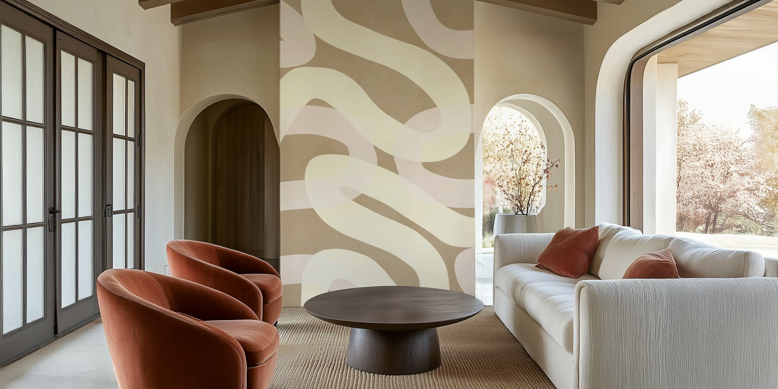 Beige abstract lines wallpaper in smooth flowing patterns