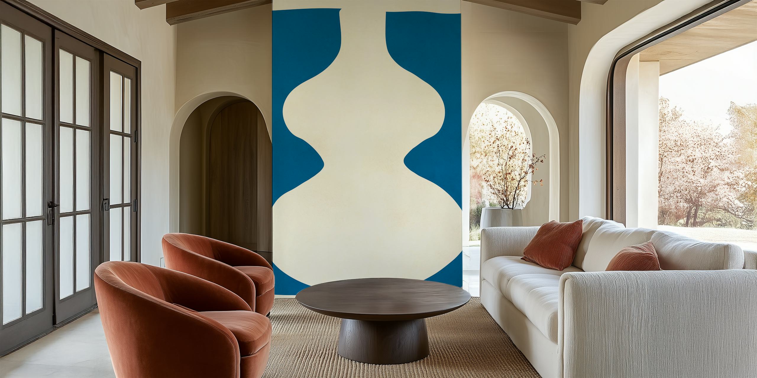 Abstract vase design in blue and cream colors wallpaper