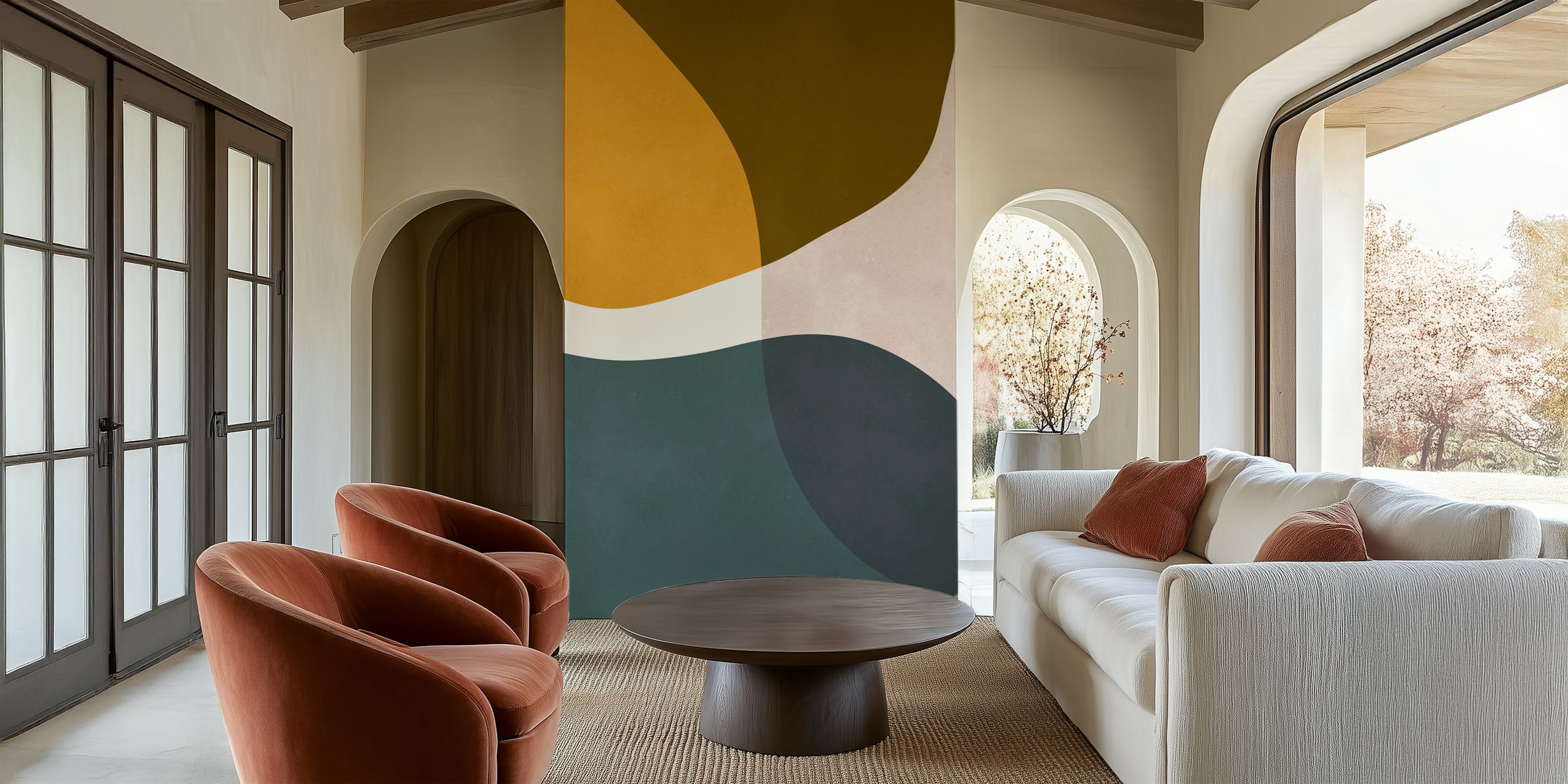 Abstract wallpaper featuring curved shapes in muted colors: olive green, mustard yellow, and soft pink.