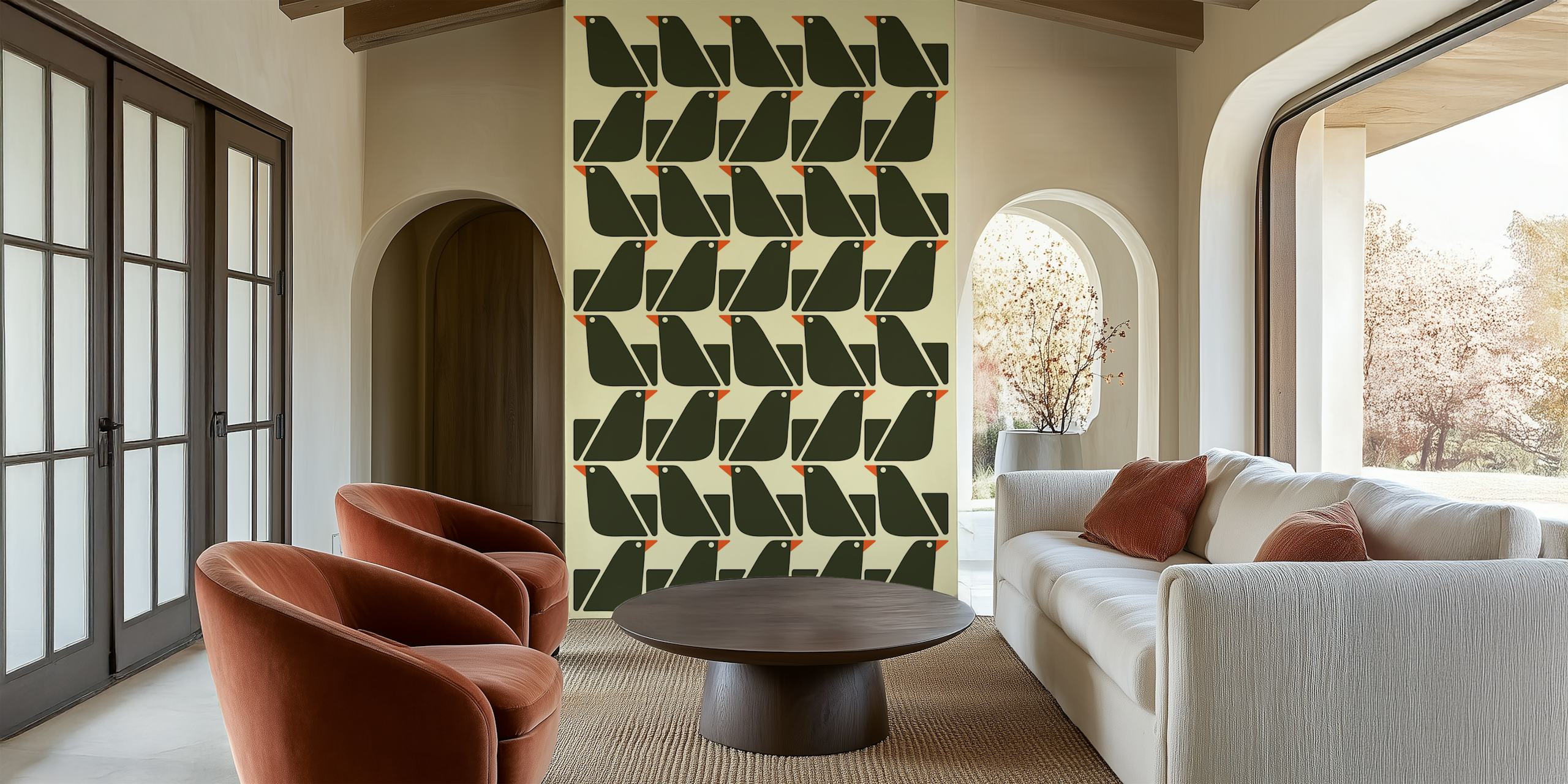 Pattern of black birds on warm cream wallpaper