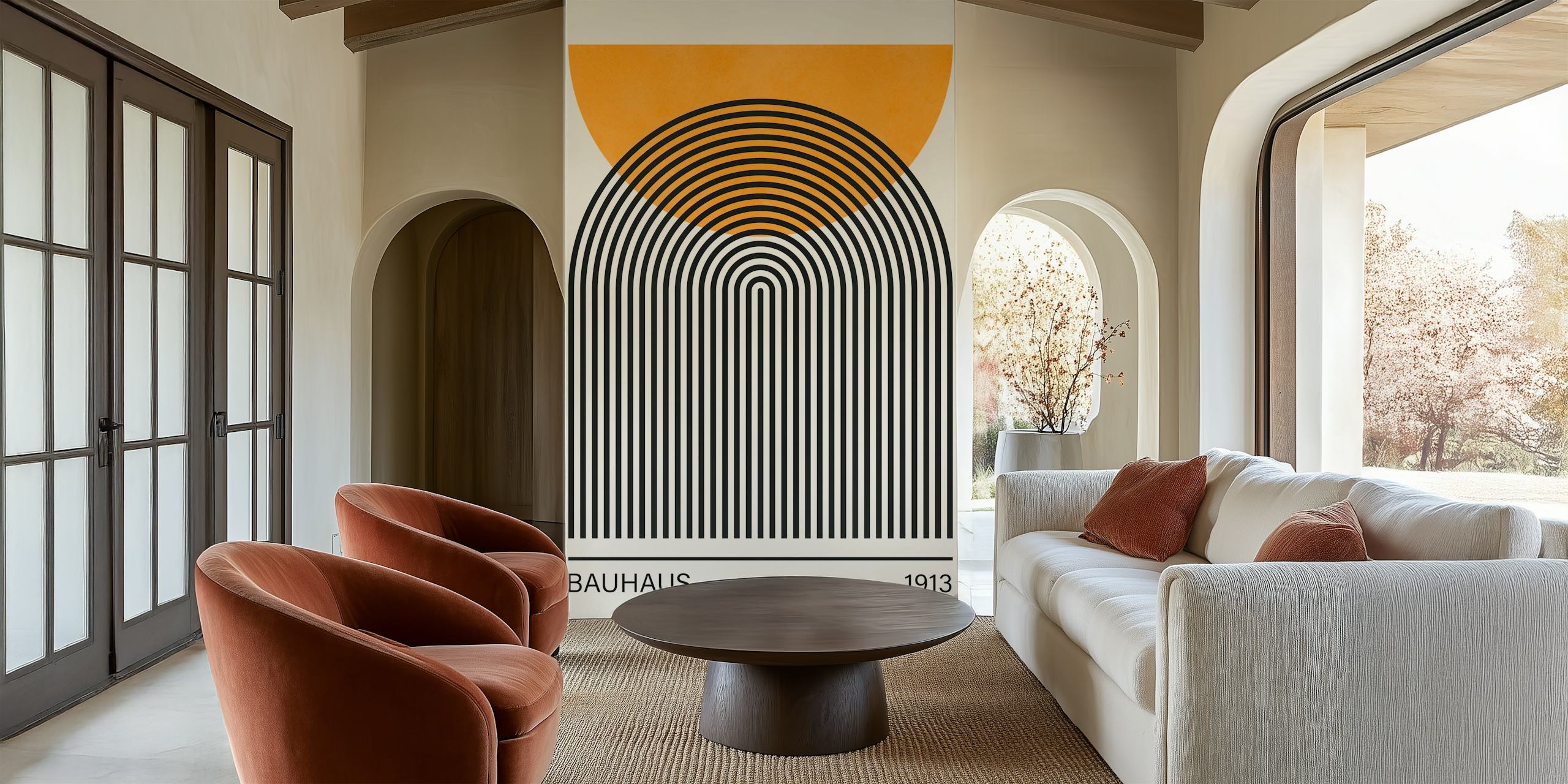 Black and white geometric lines with orange semi-circle wallpaper