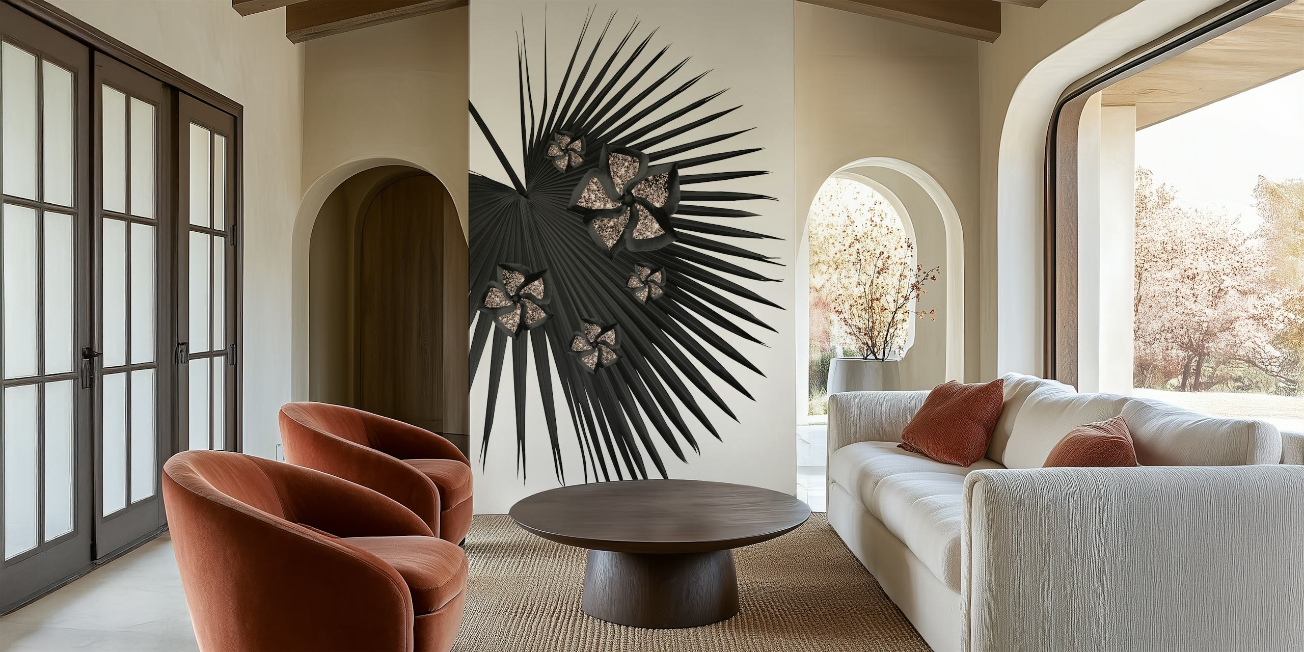 Fan Palm Floral Glitter Glam 1 fototapet med sorte palmeblade og glitrende sommerfugle
