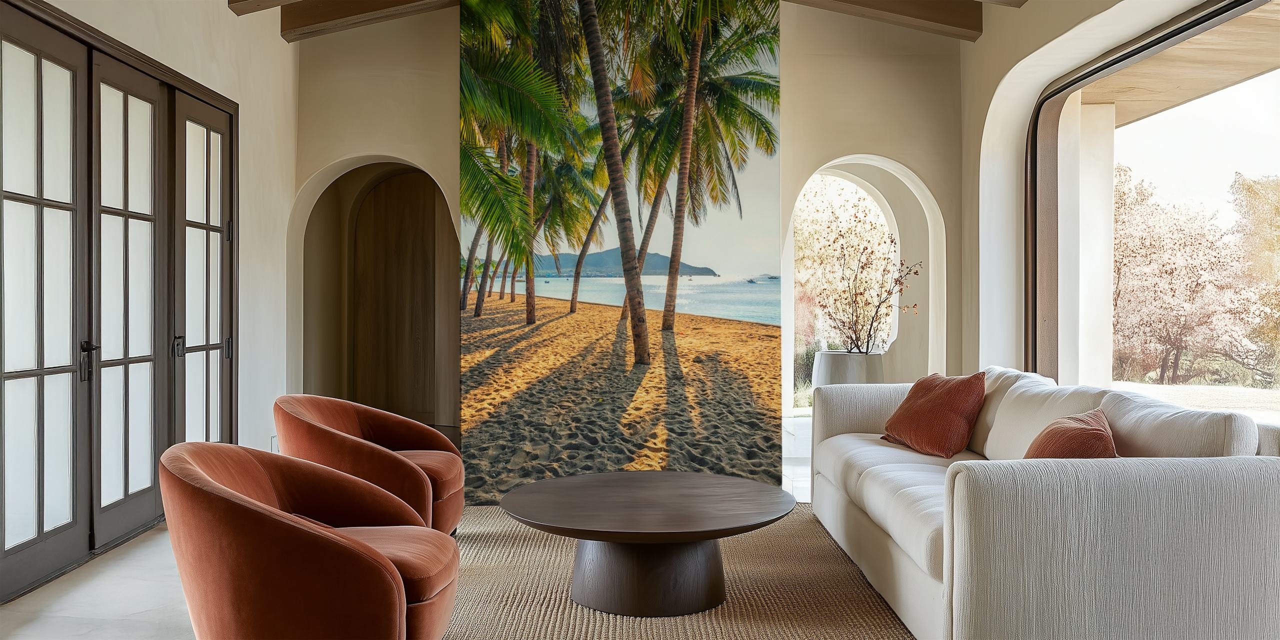 Tropisch strand fotobehang met palmbomen en uitzicht op de oceaan