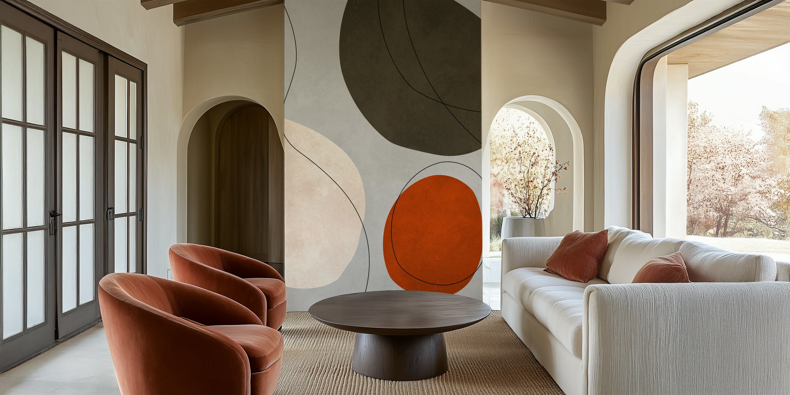 Abstract shapes in earthy tones: gray, terracotta, olive green wallpaper