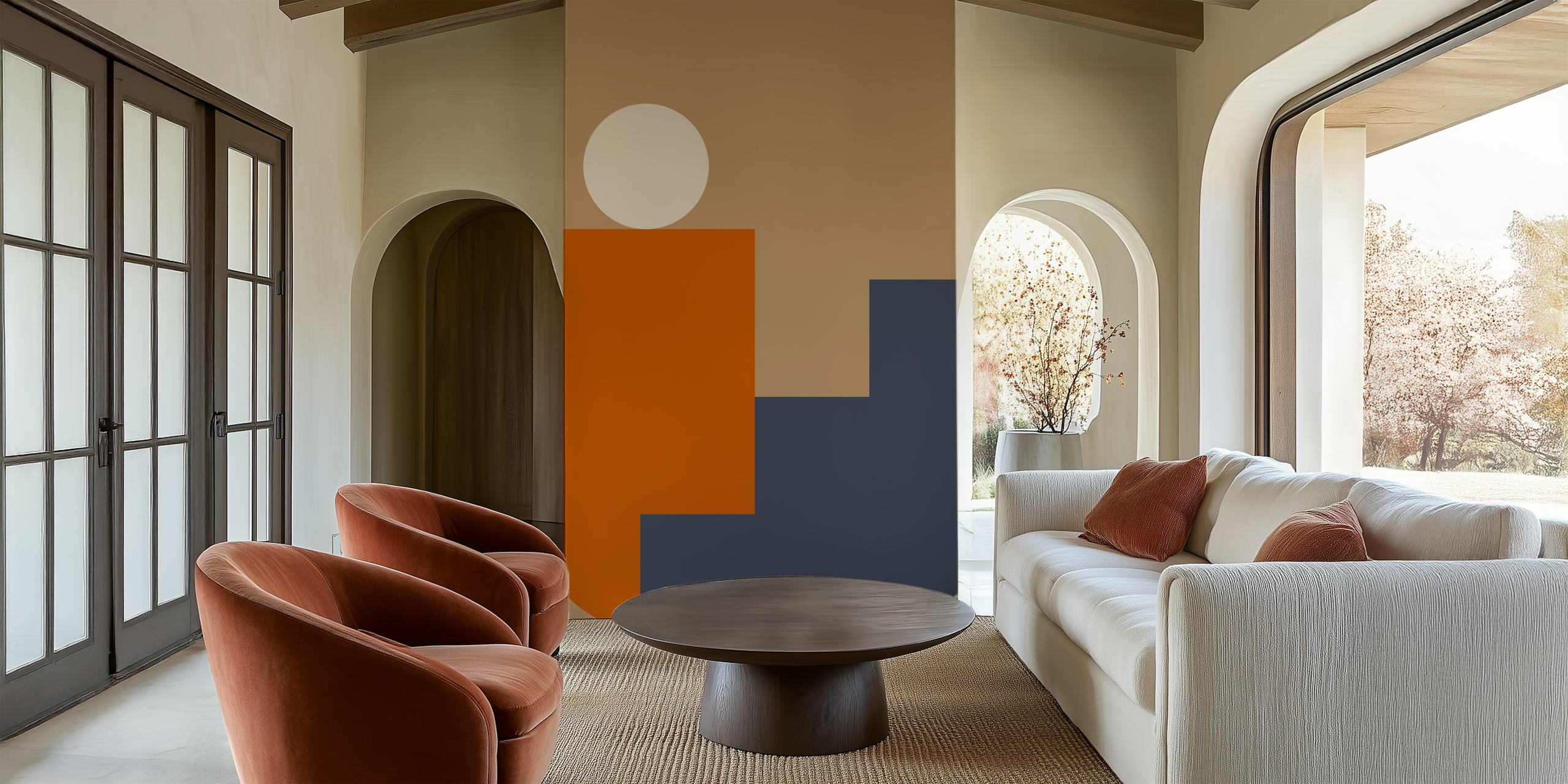 Suvremeni 08 zidni mural s geometrijskim oblicima u boji karamele, tamnoplave i terakote
