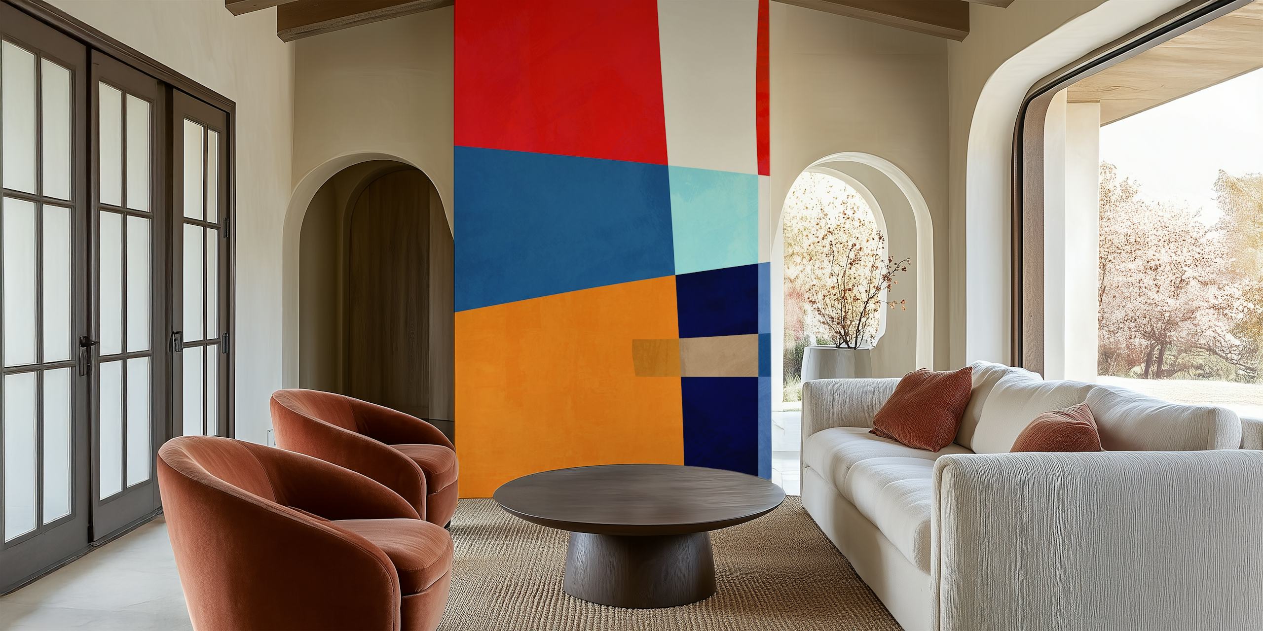 Mural de parede abstrato com formas geométricas ousadas em várias cores, como vermelho, azul, água-marinha e ocre.
