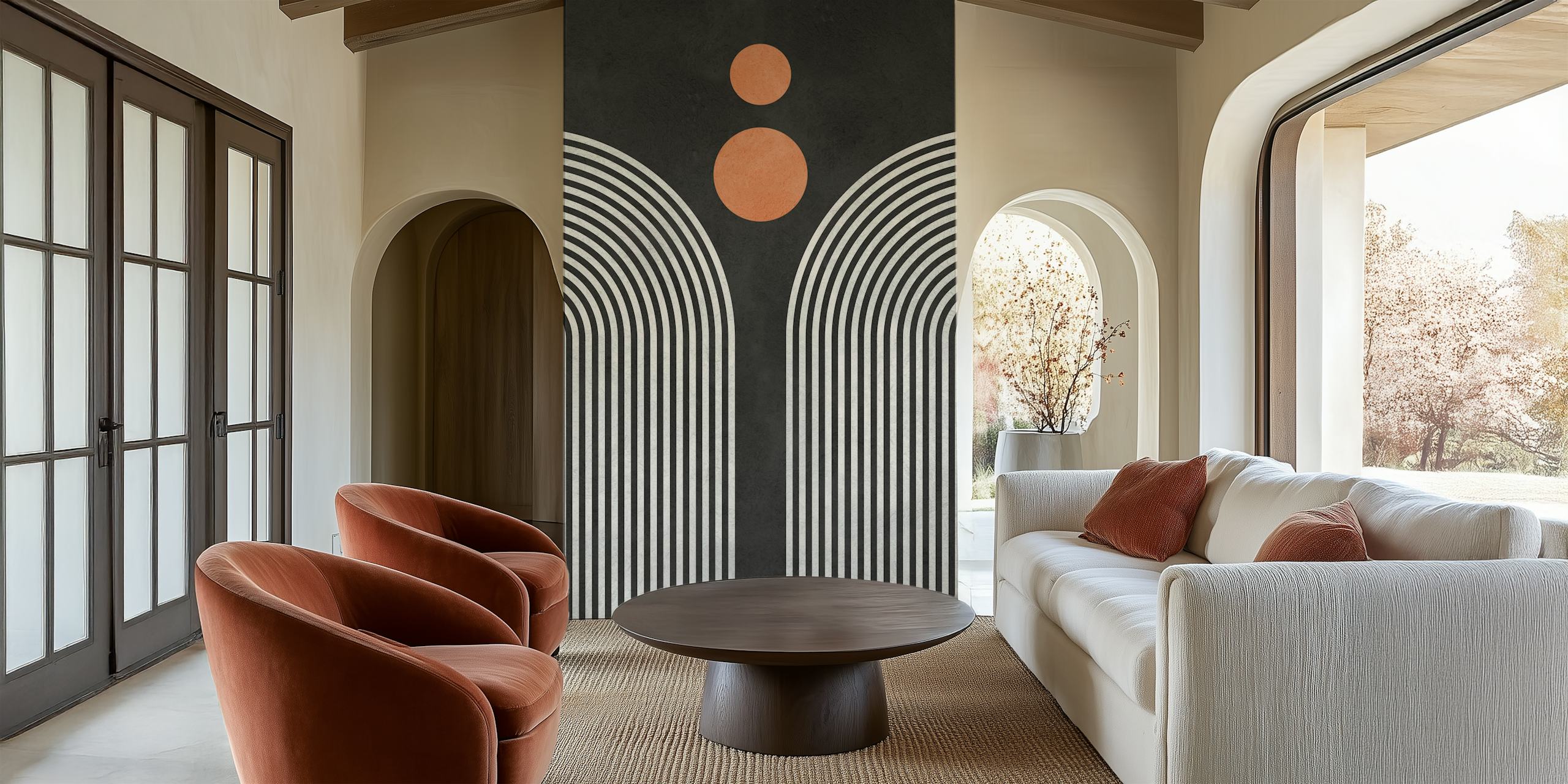 Geometric black and white striped wallpaper with circular accents