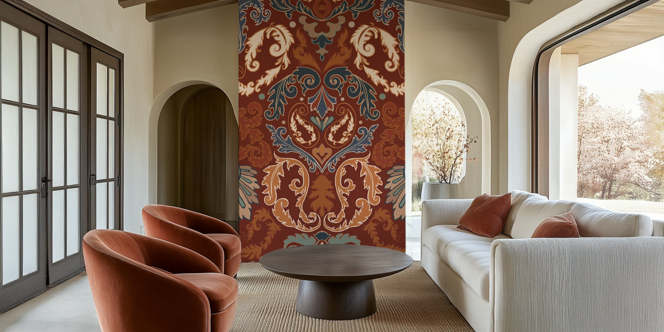 Rich red and cream damask floral pattern wallpaper