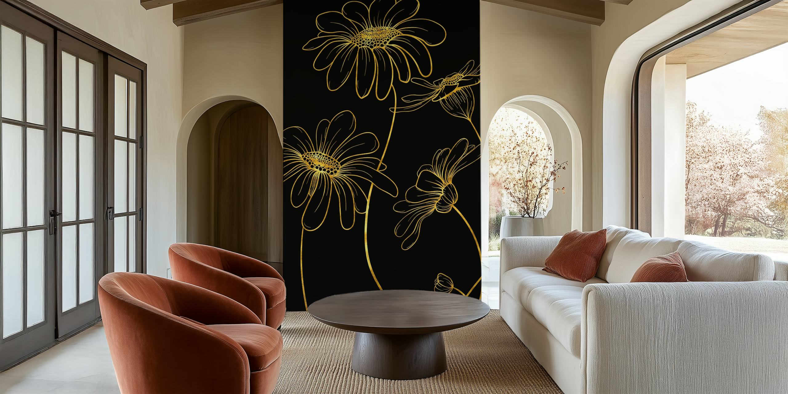 Gold daisies wallpaper in a room