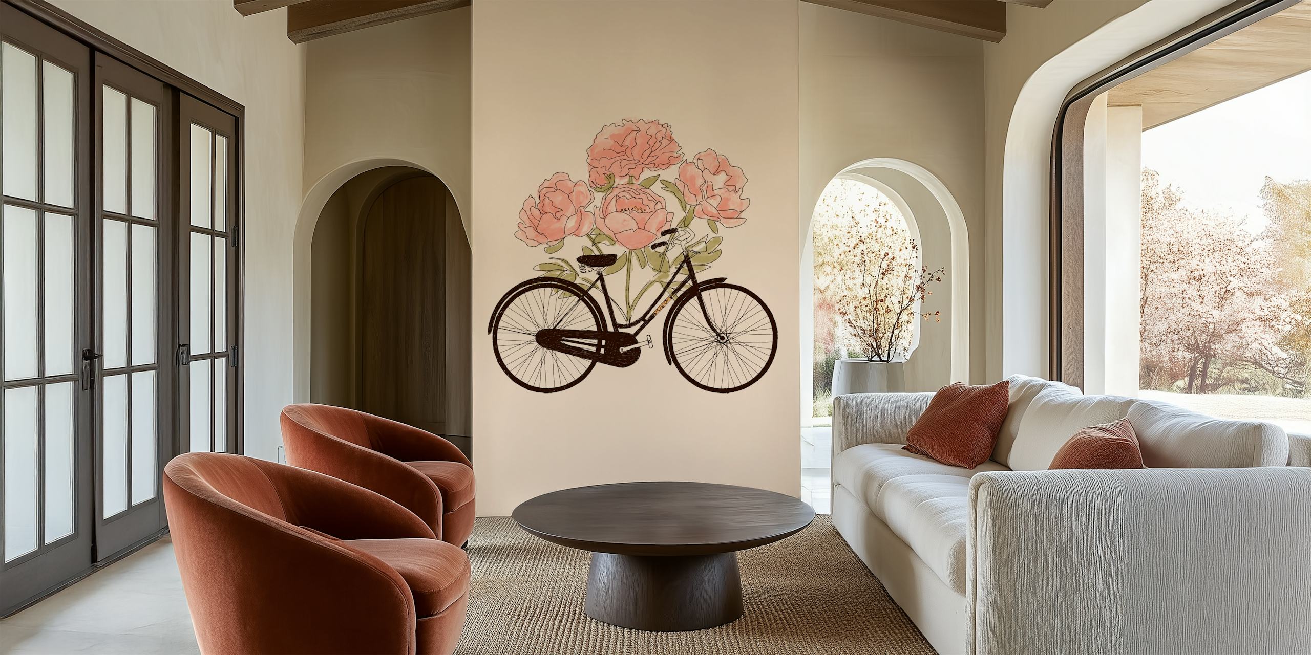 Vintage bike with pink peonies on a soft beige background wallpaper