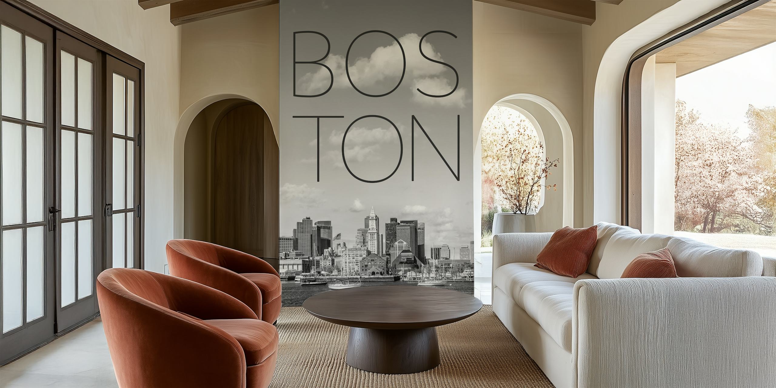 Boston Skyline Minimalist Tapet I Et Rom