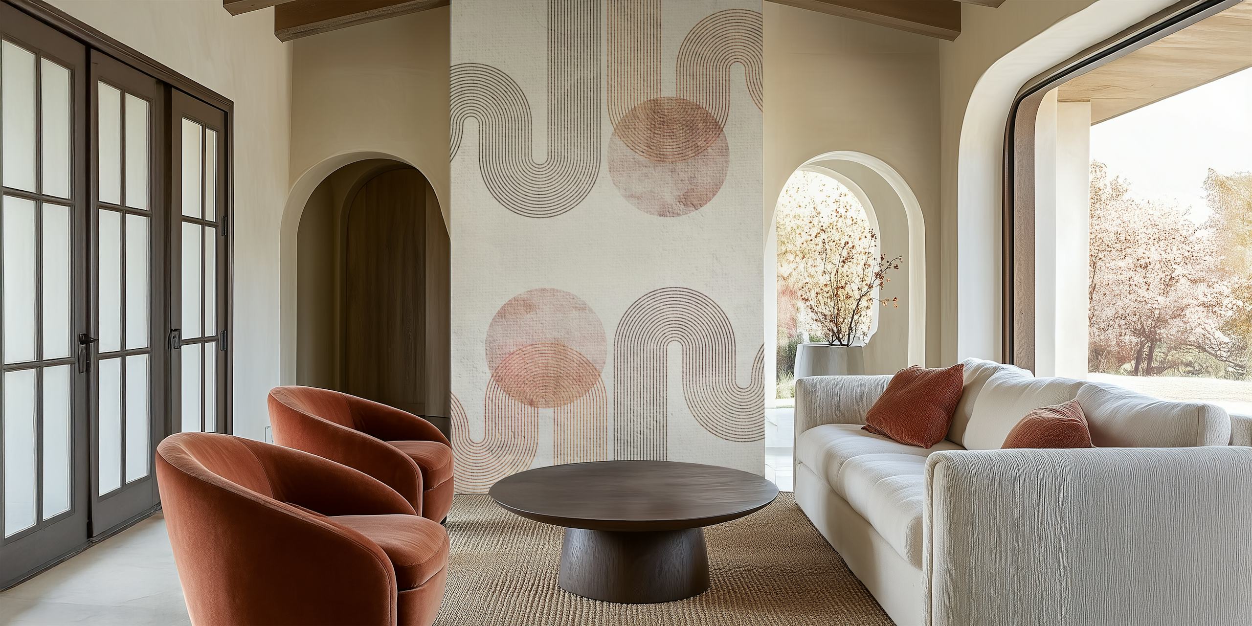 Abstract linear patterns with circles in muted browns wallpaper