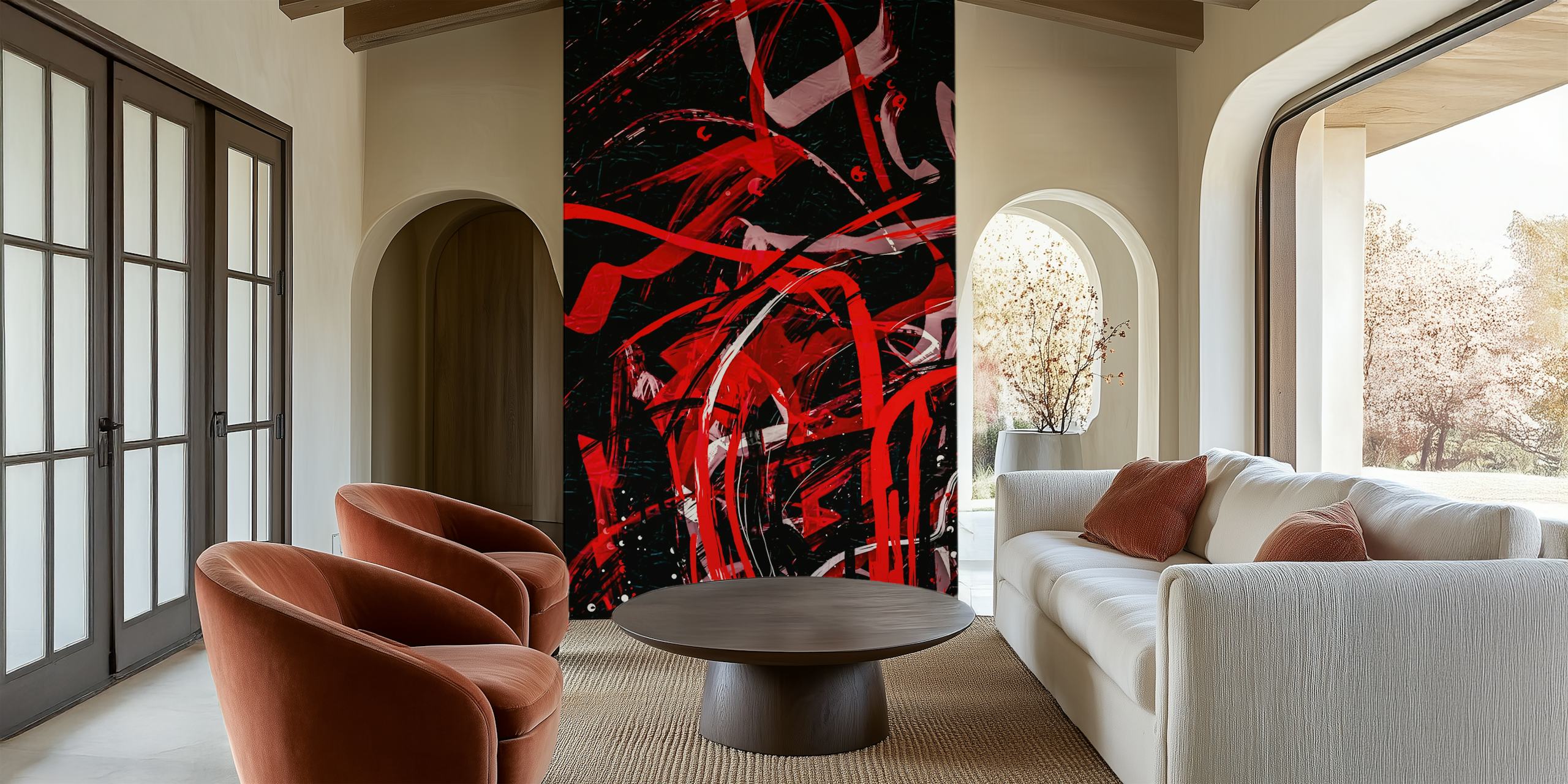 Abstract brush strokes in red, black, and white wallpaper