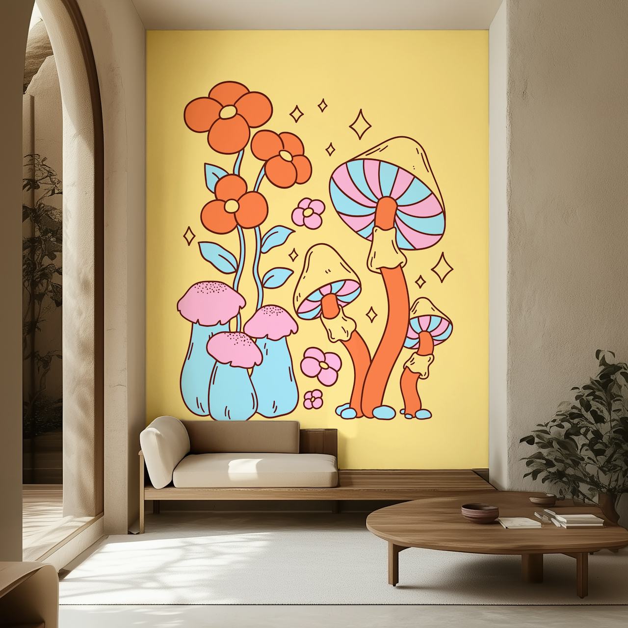 Hippie Mushrooms behang in een kameropstelling