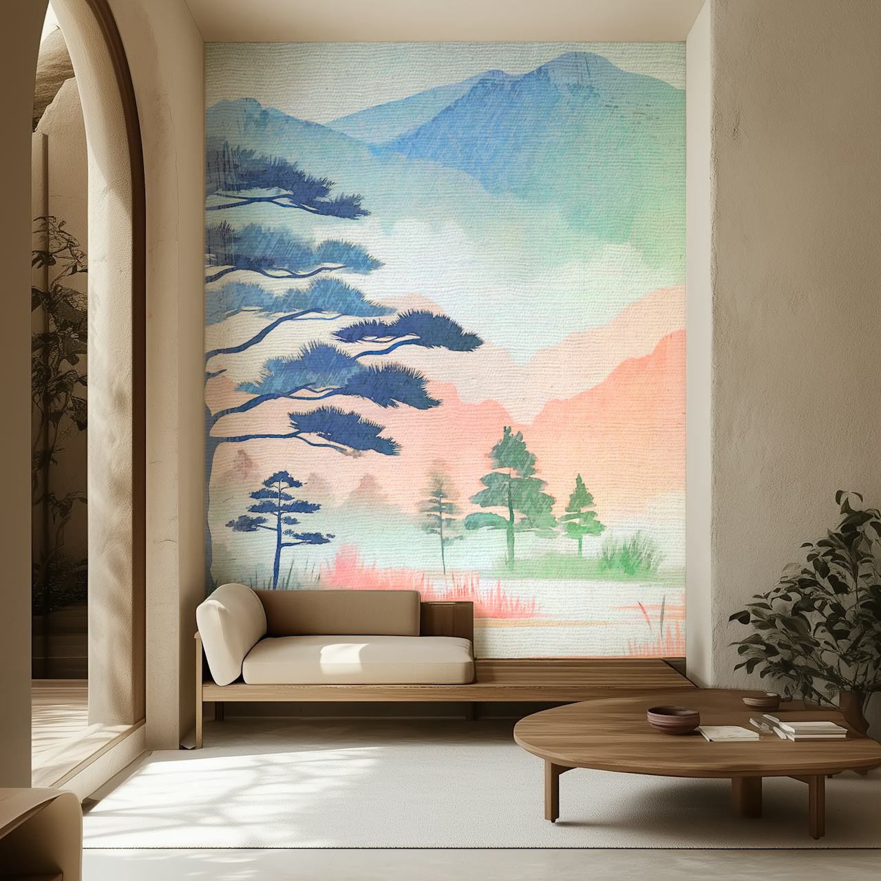 Serene Landscape Art behang in een kamer
