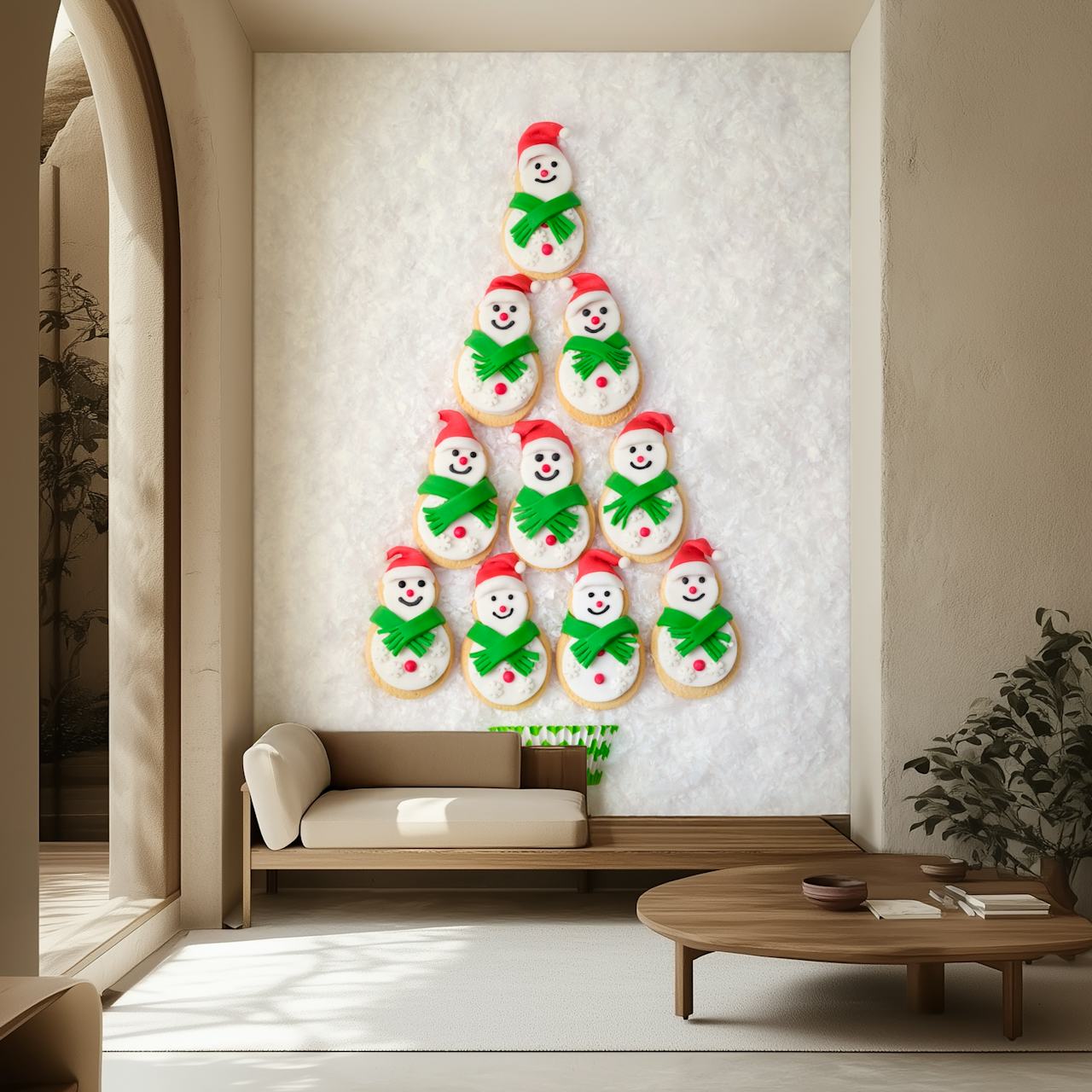 Snowman cookies decorated with red hats and green scarves on white background wallpaper