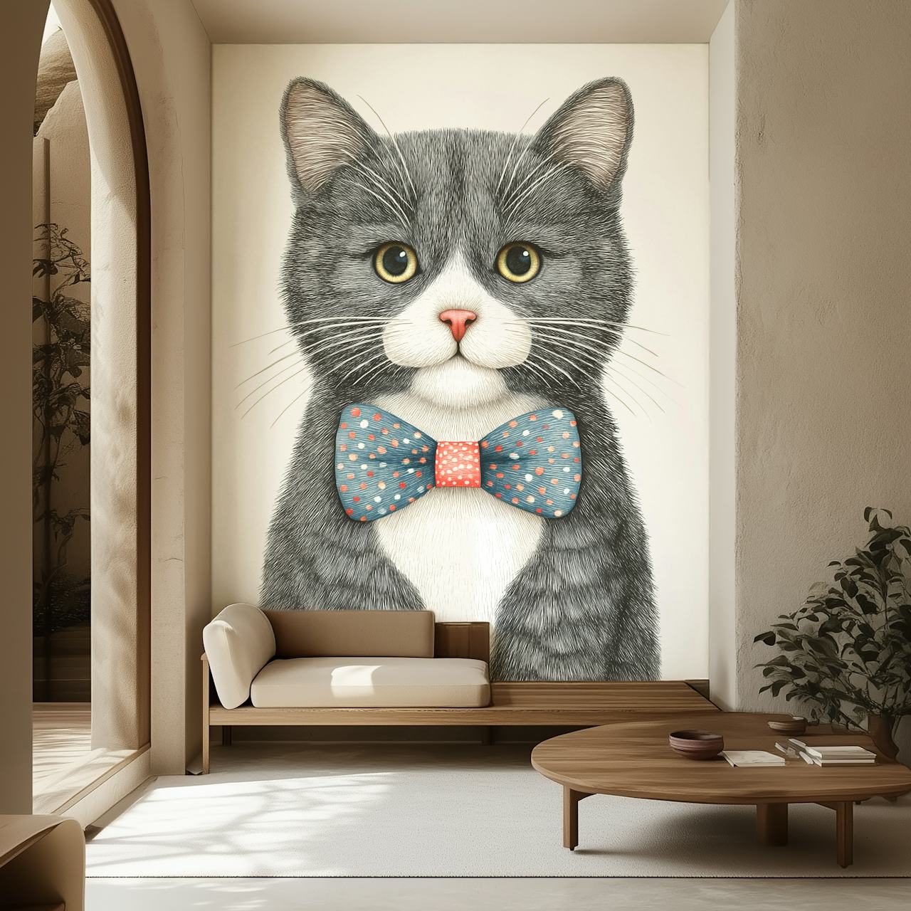 Kitty with a blue bow tie papel pintado en una habitación