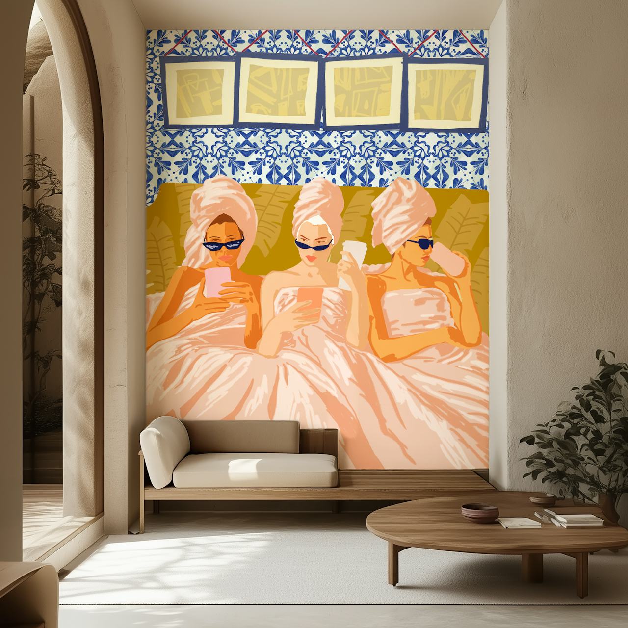 Three women in bathrobes with towels, blue floral wallpaper, modern style wallpaper