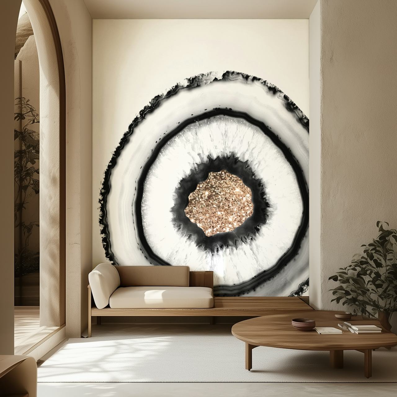 Artistieke weergave van witte agaat met gouden glitteraccenten muurschildering