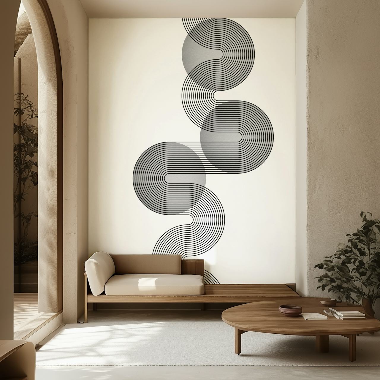 Monochrome Bauhaus-inspired wall mural with intertwined geometric shapes in platinum hues