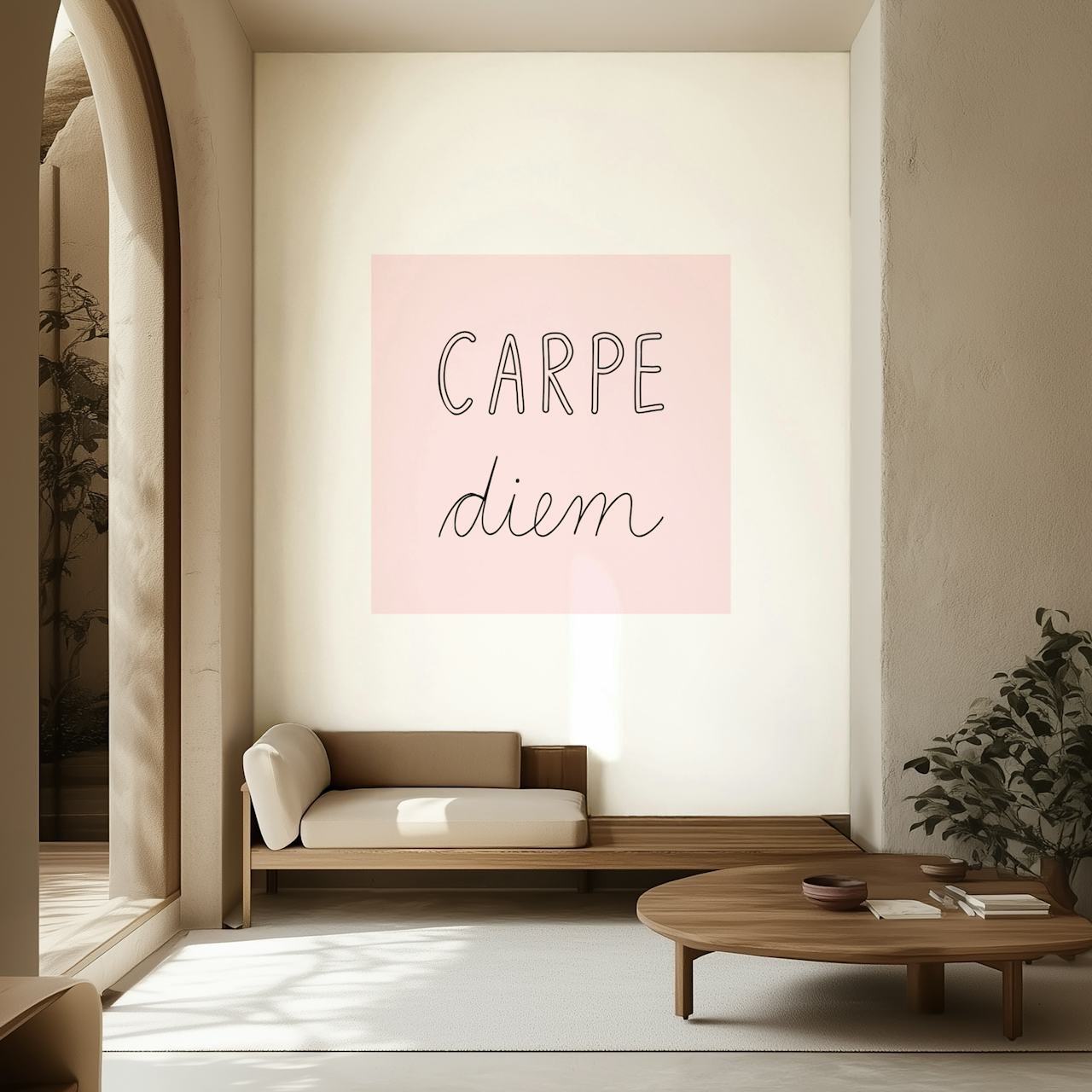 Soft pink background with 'Carpe Diem' text in black lines wallpaper