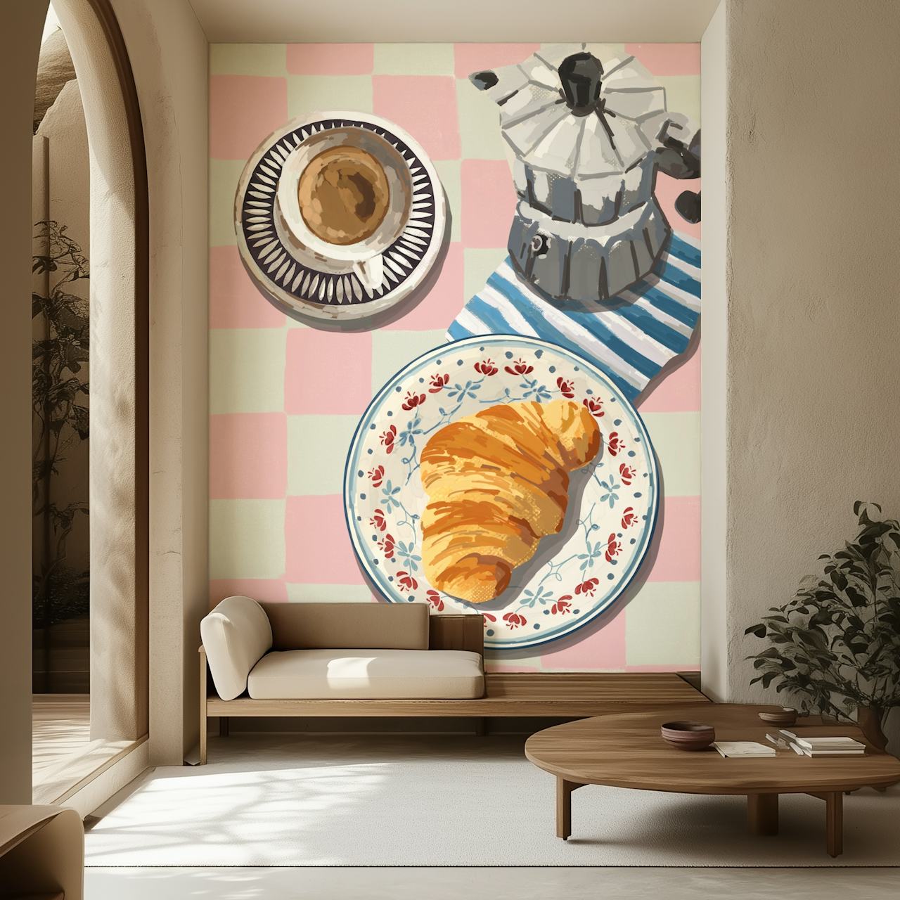 Croissant, coffee, and cezve on pink checkered background wallpaper