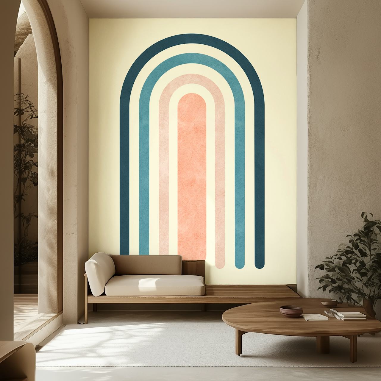 Blauwe en roze regenboog muurschildering met abstract ontwerp